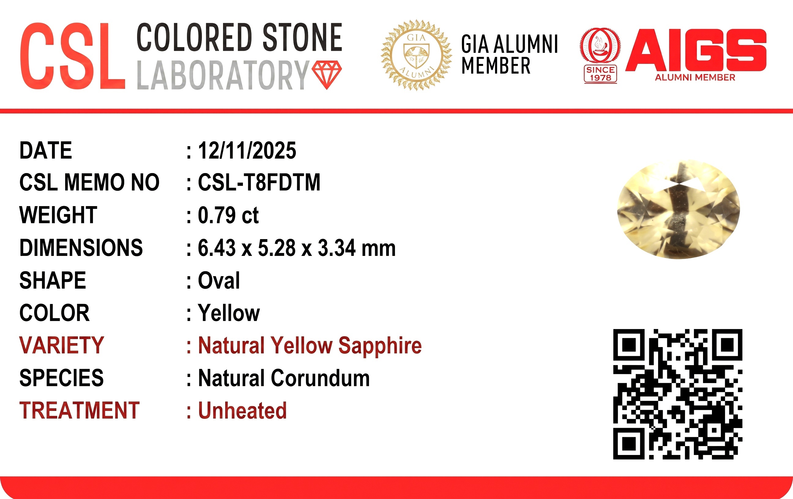 0.78 Ct. Greenish Yellow Sapphire from Ceylon (Sri Lanka)