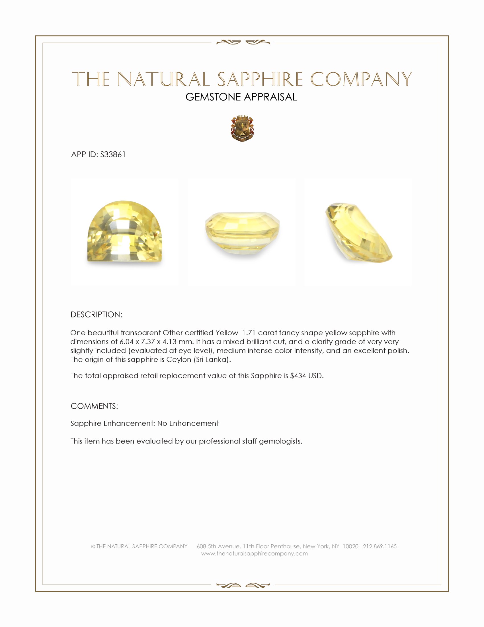 1.71 Ct. Yellow Sapphire from Ceylon (Sri Lanka)