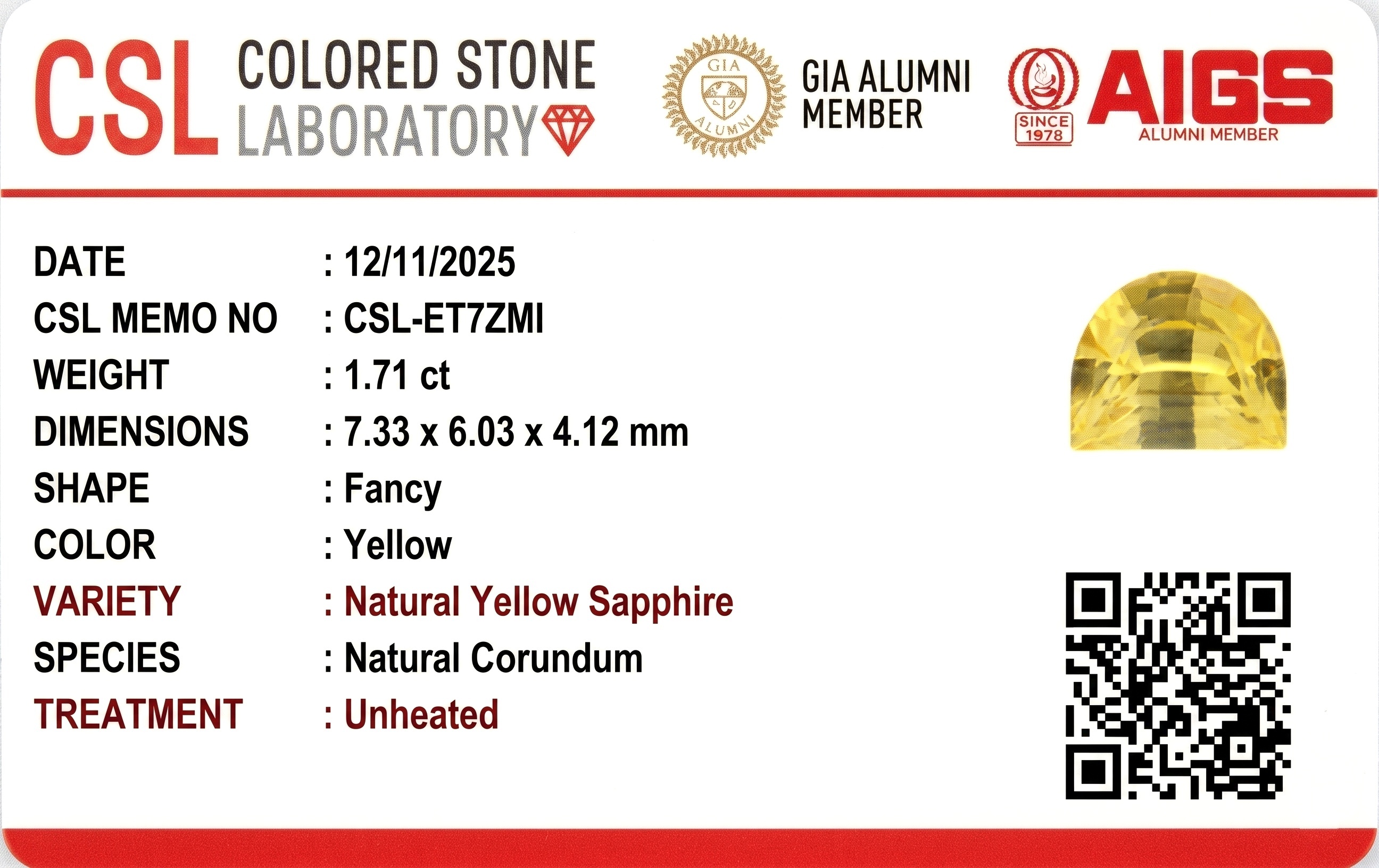 1.71 Ct. Yellow Sapphire from Ceylon (Sri Lanka)