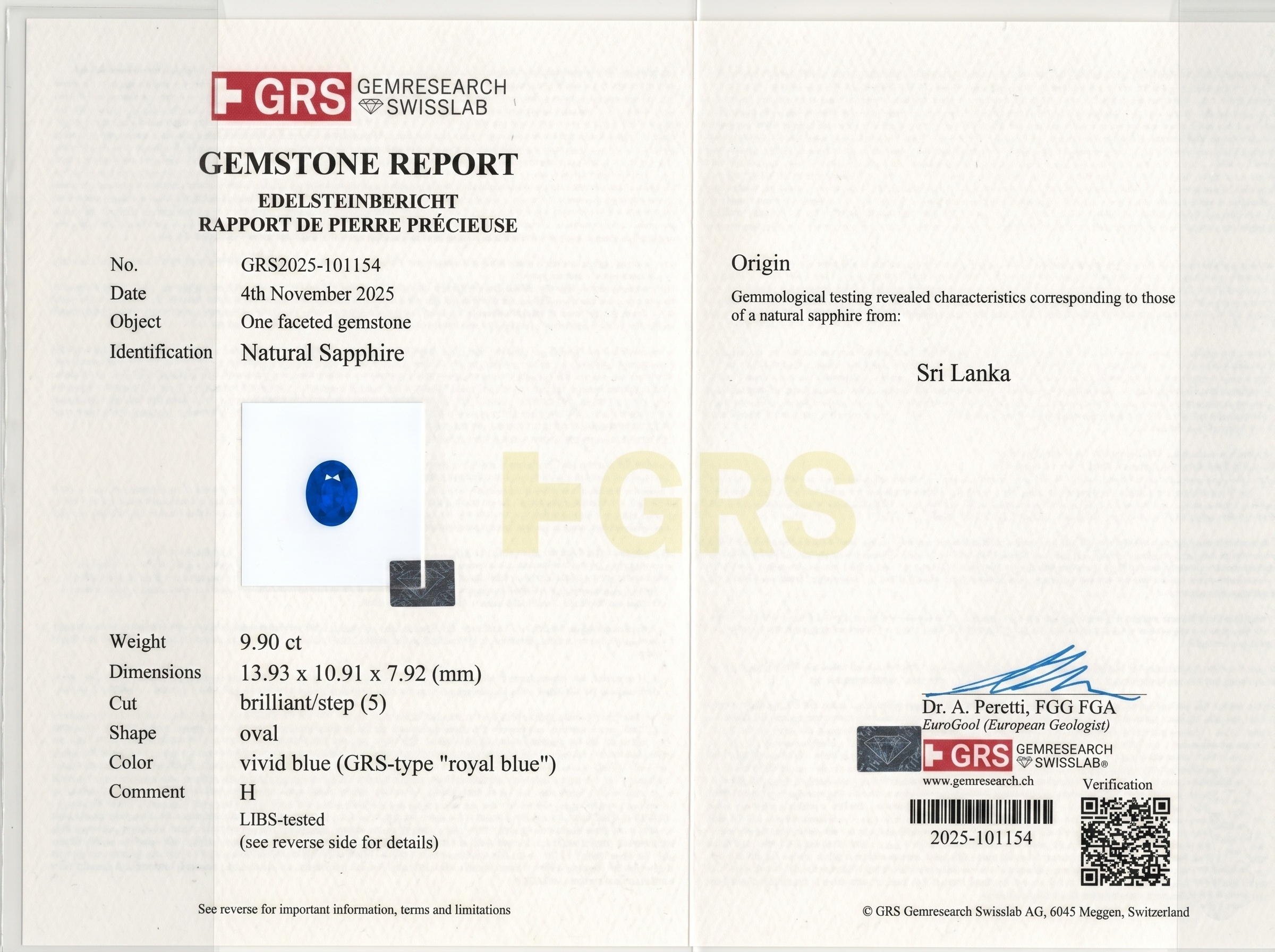 9.90 Ct. Blue Sapphire from Ceylon (Sri Lanka)