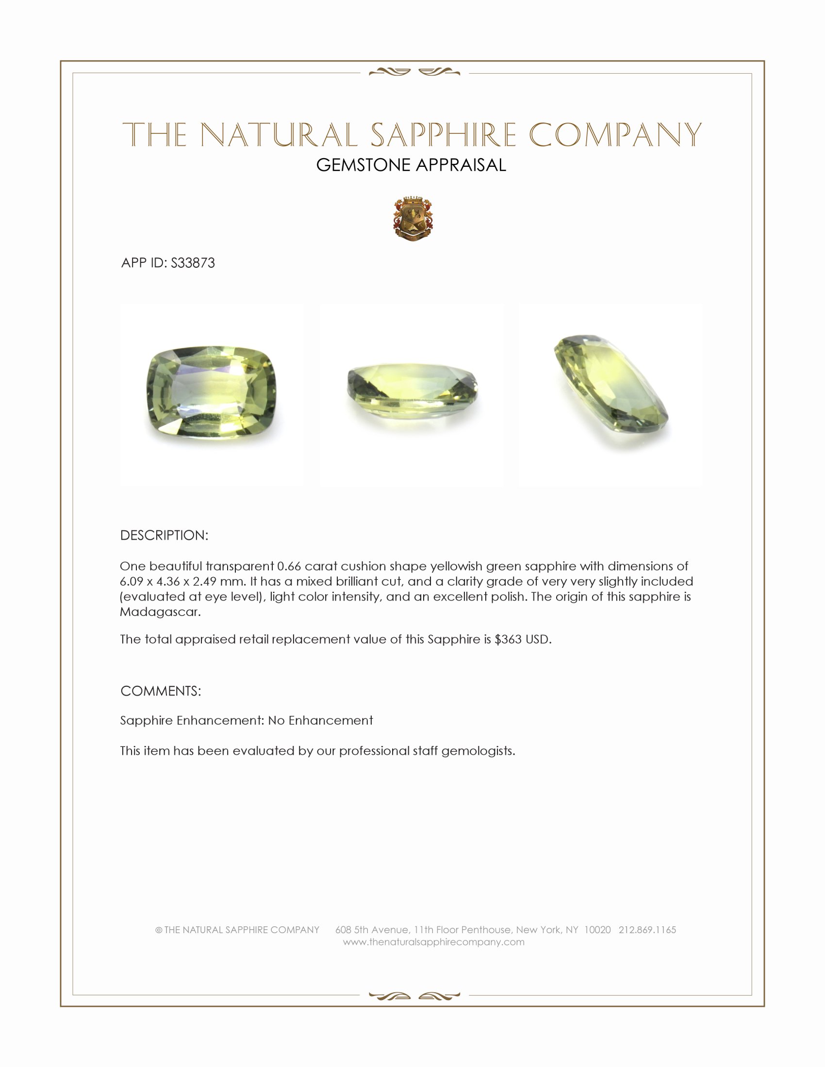 0.66 Ct. Yellowish Green Sapphire from Madagascar