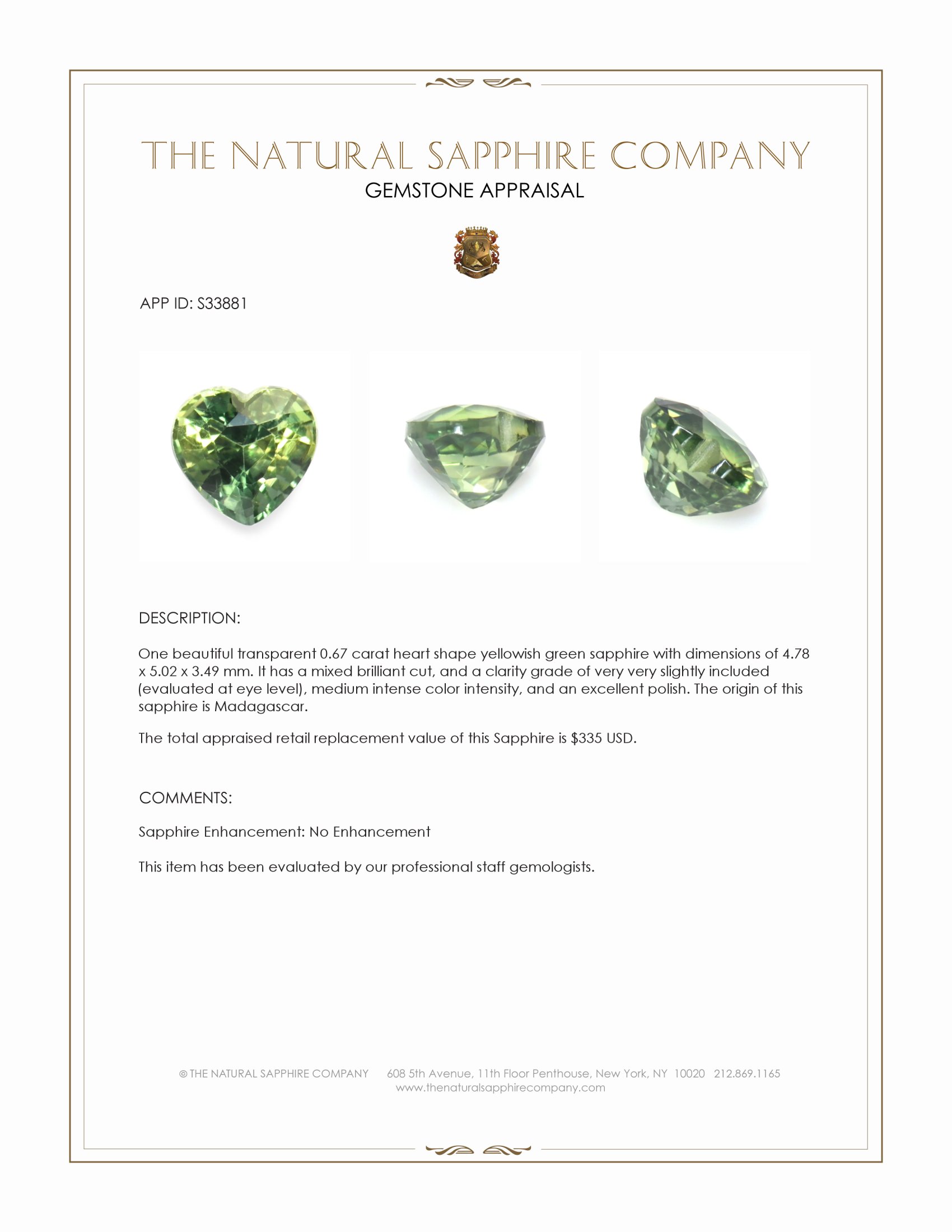 0.67 Ct. Yellowish Green Sapphire from Madagascar