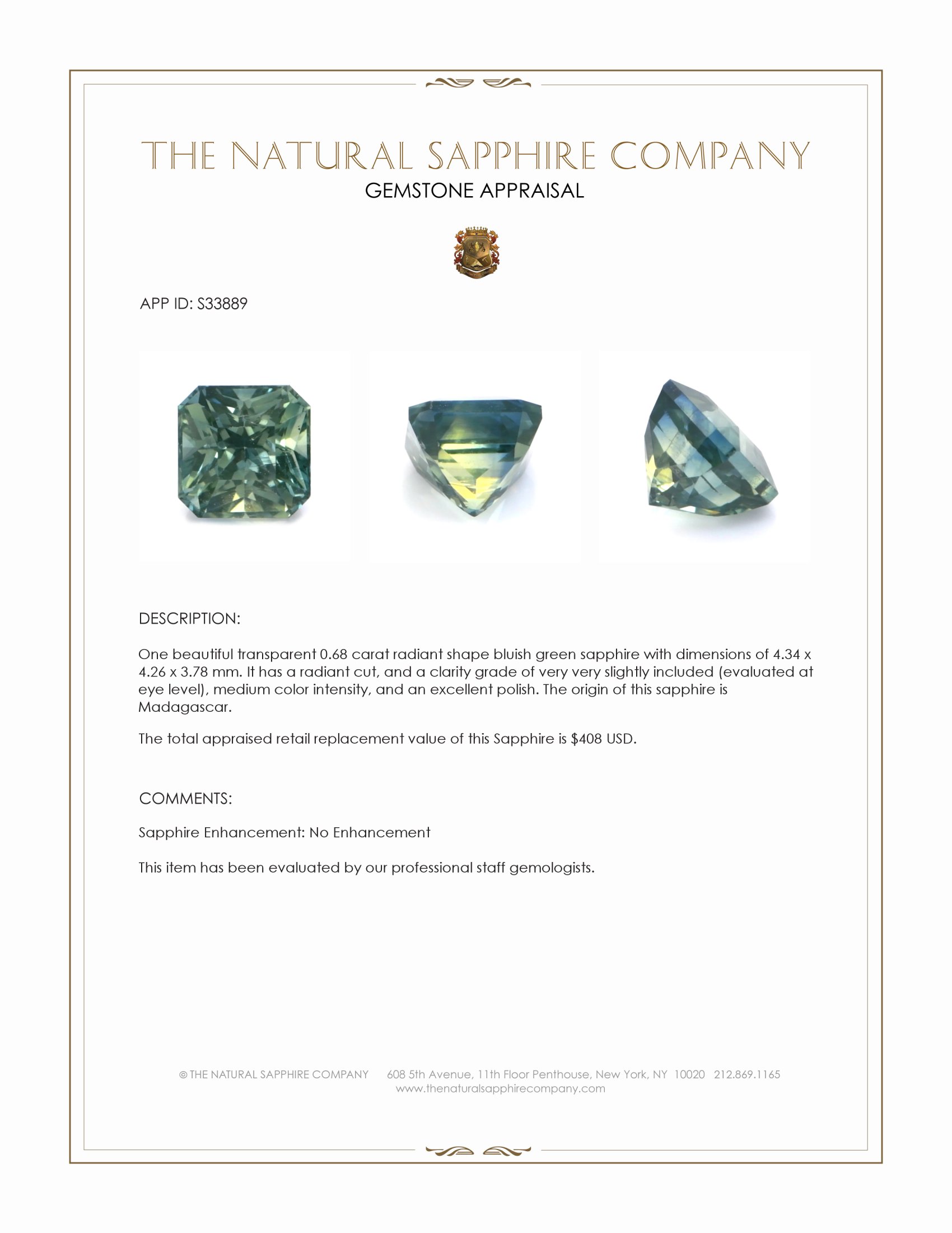 0.68 Ct. Bluish Green Sapphire from Madagascar