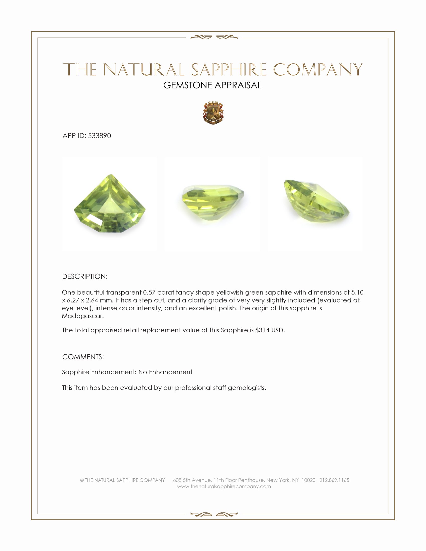 0.57 Ct. Yellowish Green Sapphire from Madagascar