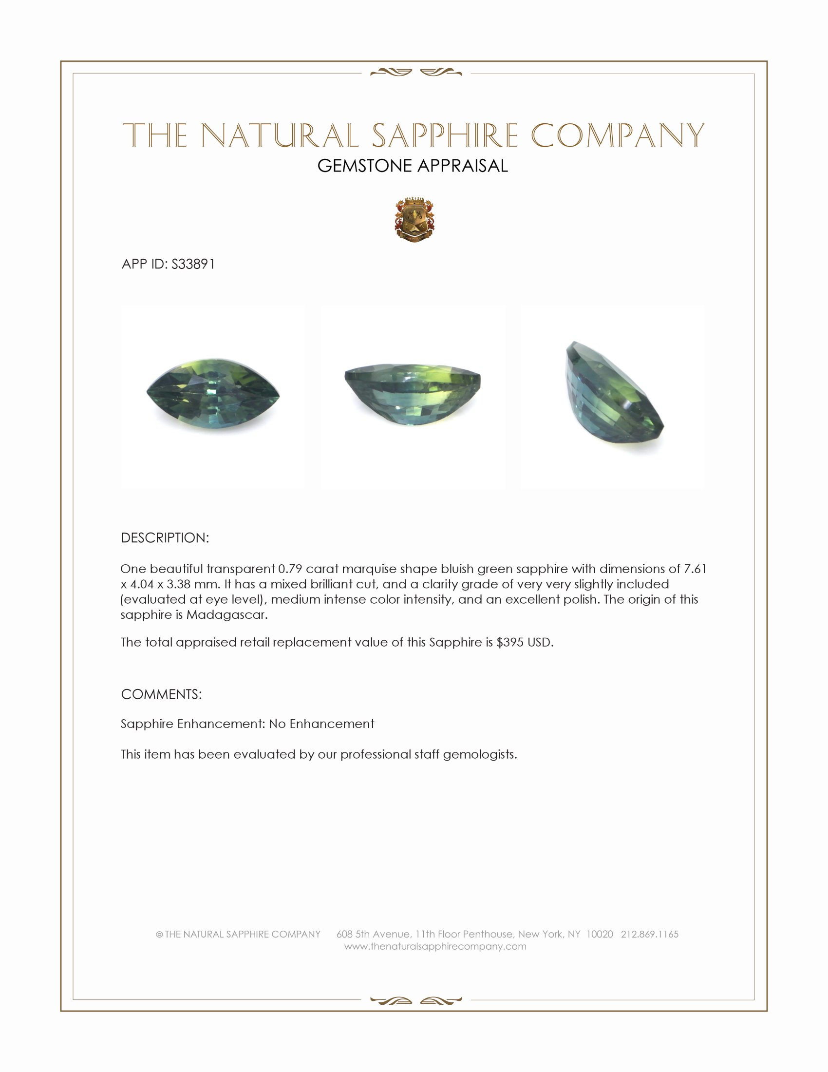 0.79 Ct. Bluish Green Sapphire from Madagascar