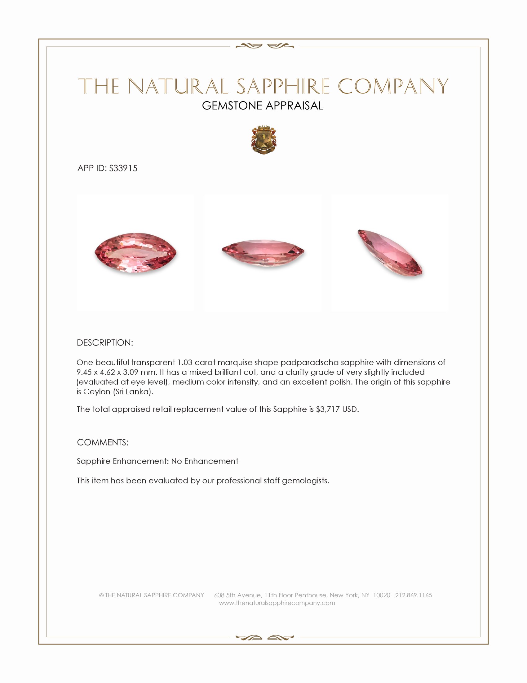 1.03 Ct. Padparadscha Sapphire from Ceylon (Sri Lanka)