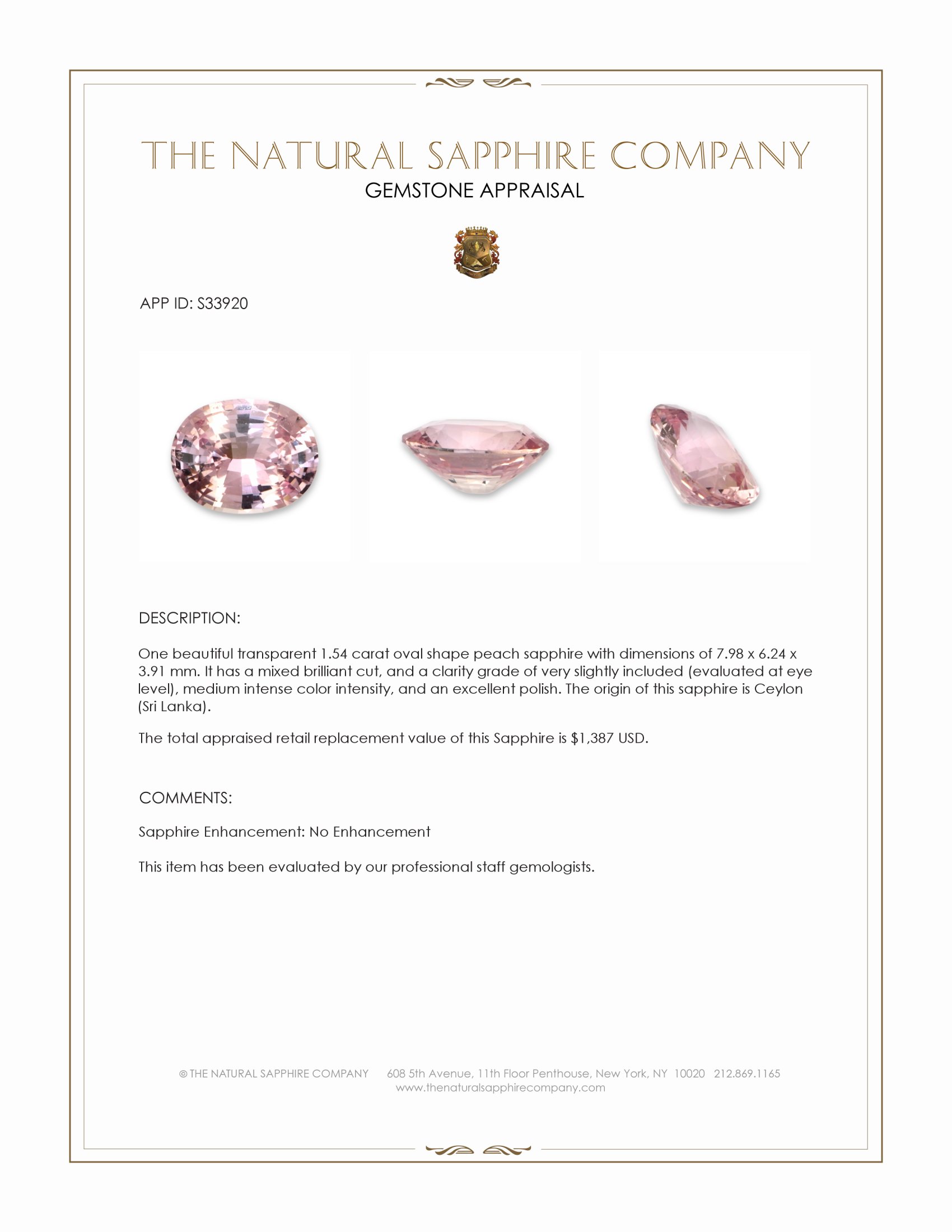 1.54 Ct. Peach Sapphire from Ceylon (Sri Lanka)