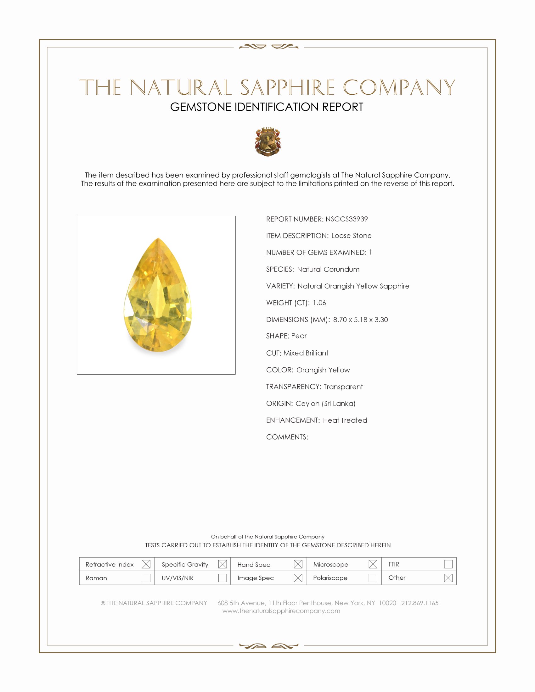 1.06 Ct. Orangish Yellow Sapphire from Ceylon (Sri Lanka)