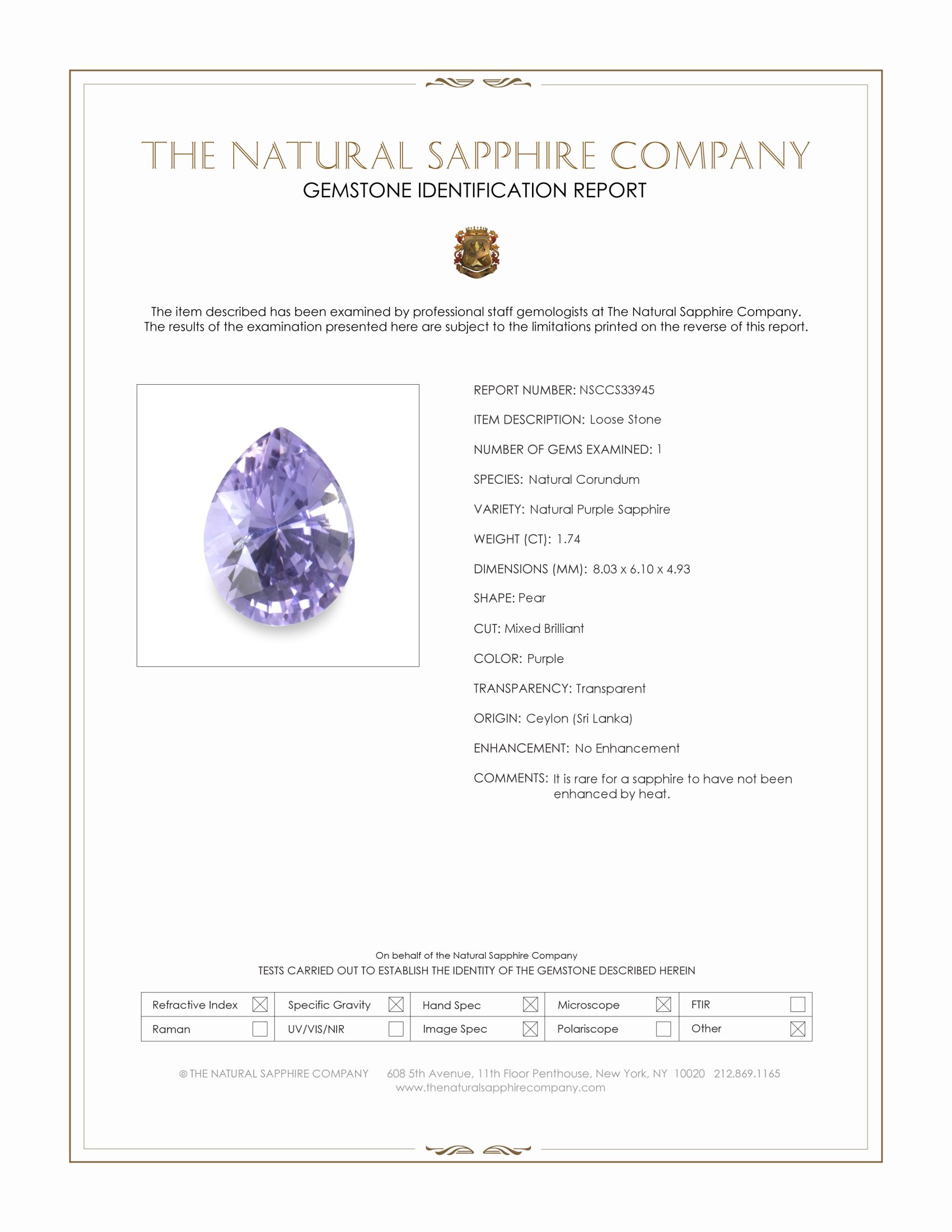 1.74 Ct. Purple Sapphire from Ceylon (Sri Lanka)