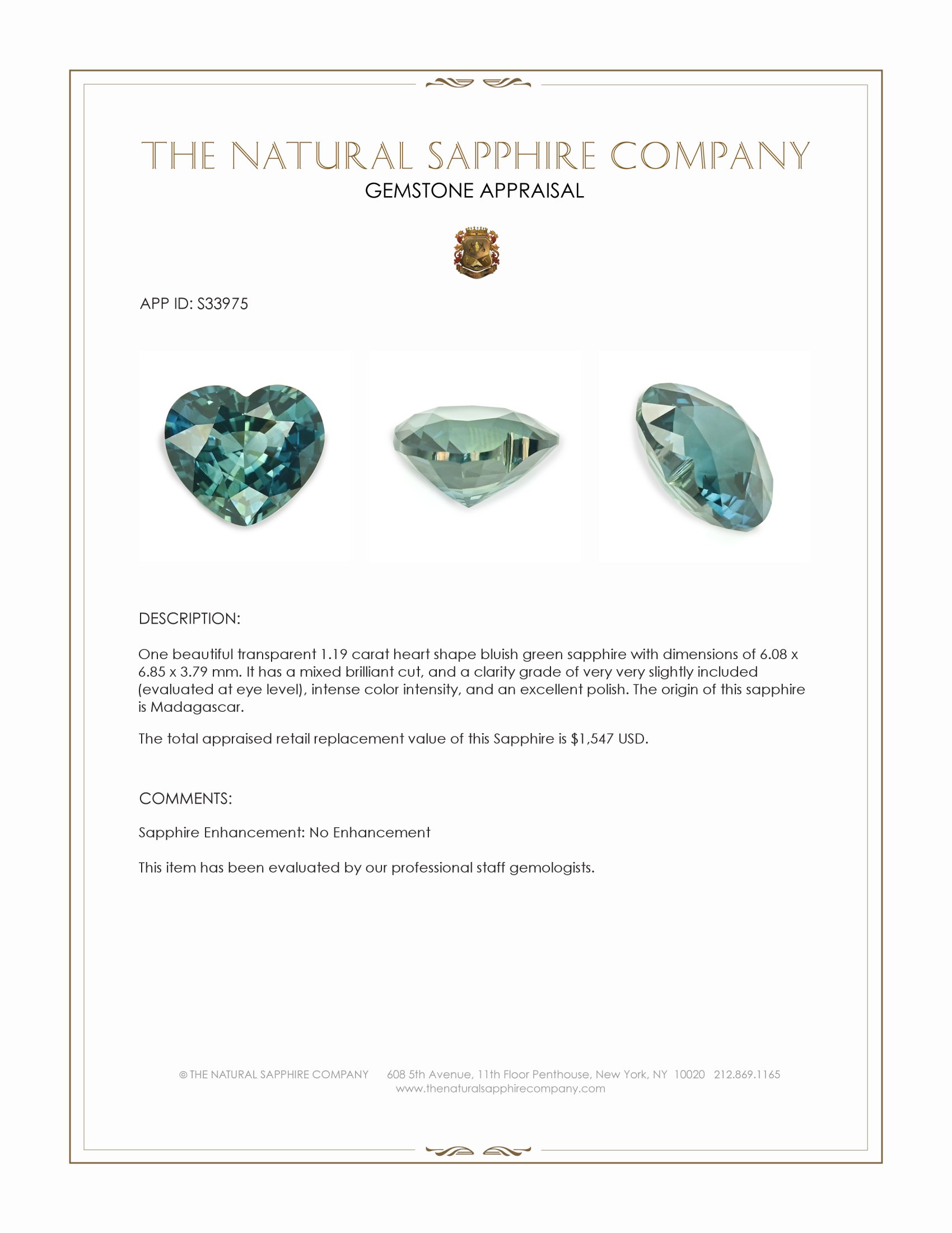 1.19 Ct. Bluish Green Sapphire from Madagascar