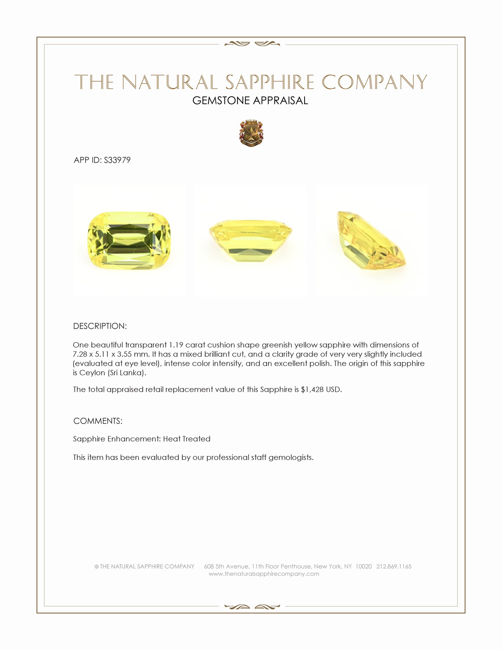 1.19 Ct. Greenish Yellow Sapphire from Ceylon (Sri Lanka)