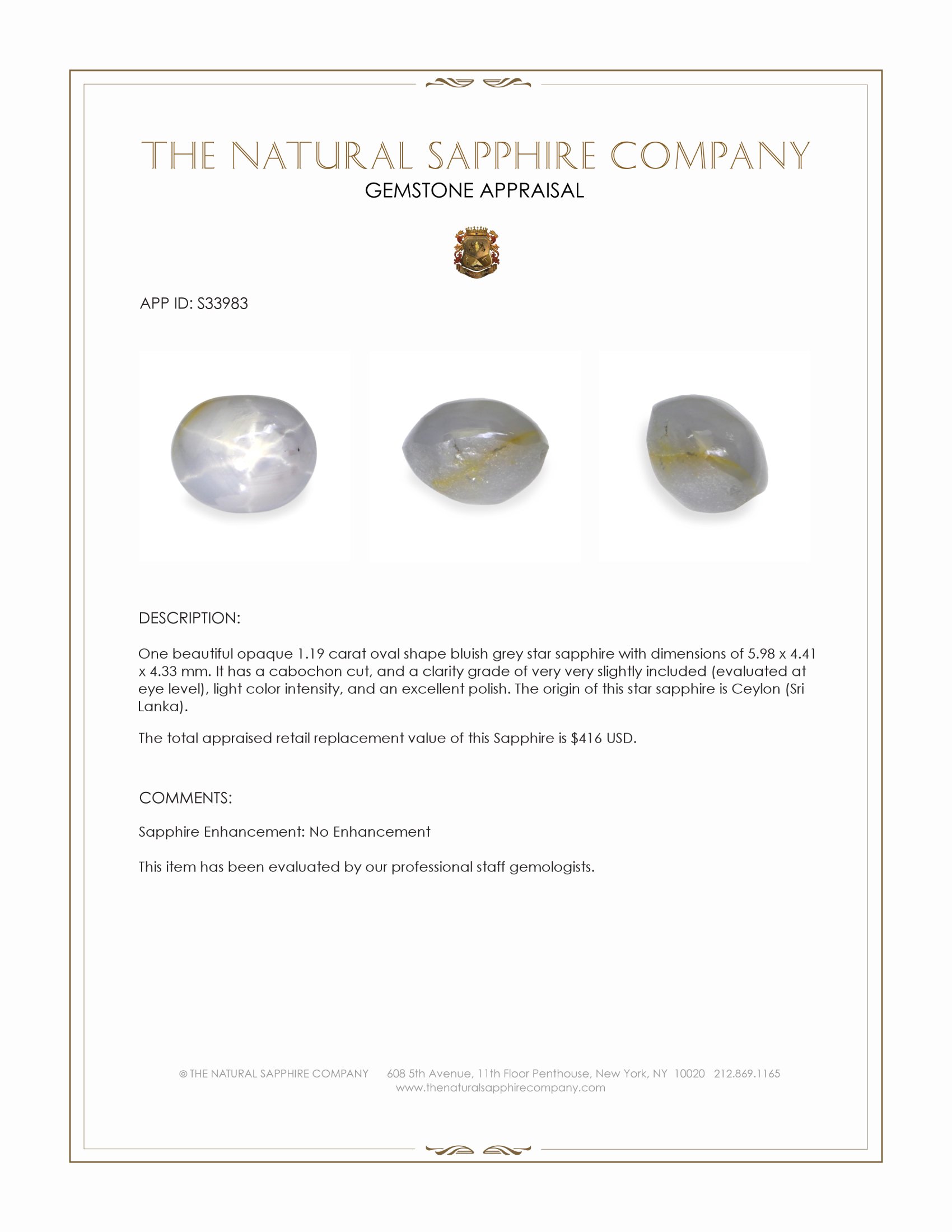 1.19 Ct. Bluish Grey Star Sapphire from Ceylon (Sri Lanka)