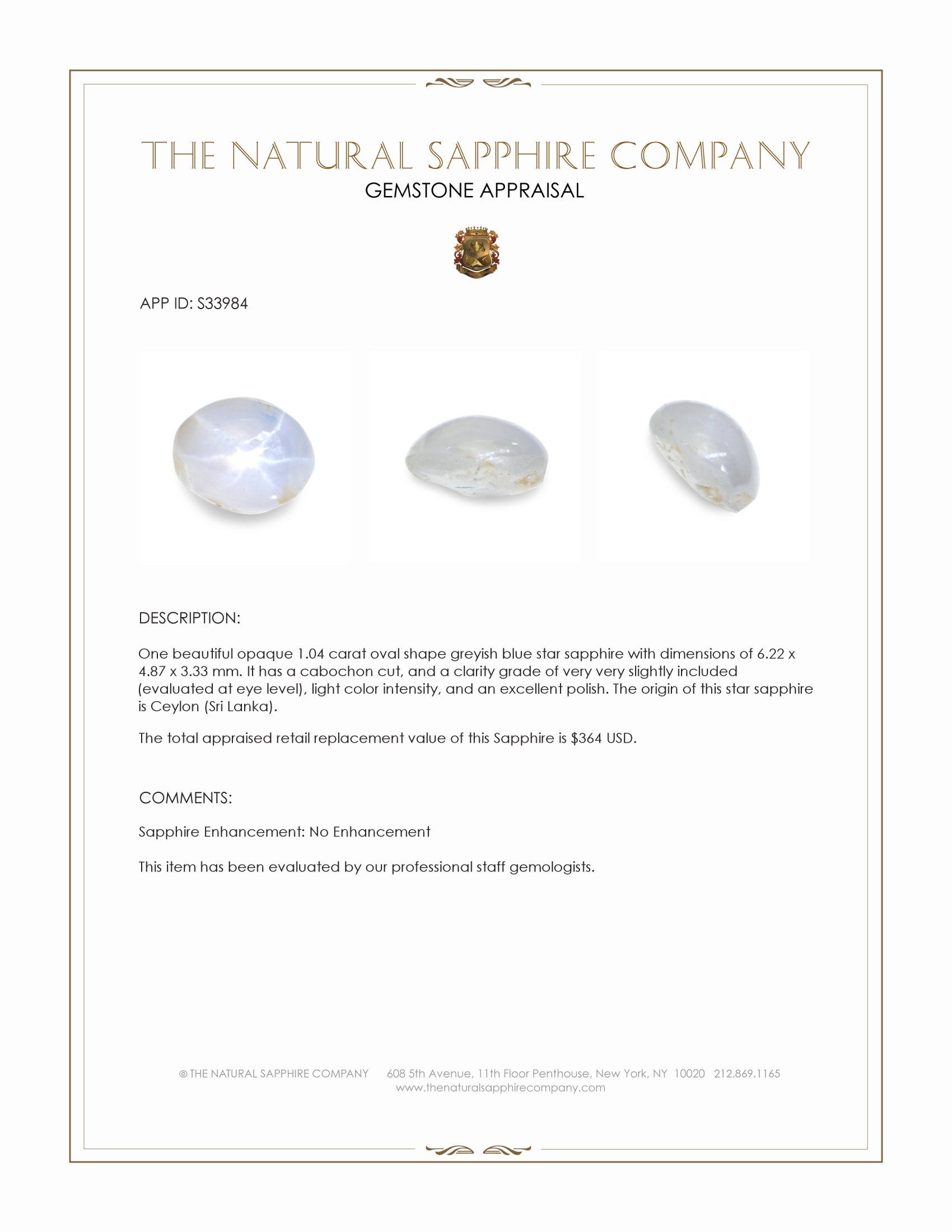 1.04 Ct. Greyish Blue Star Sapphire from Ceylon (Sri Lanka)