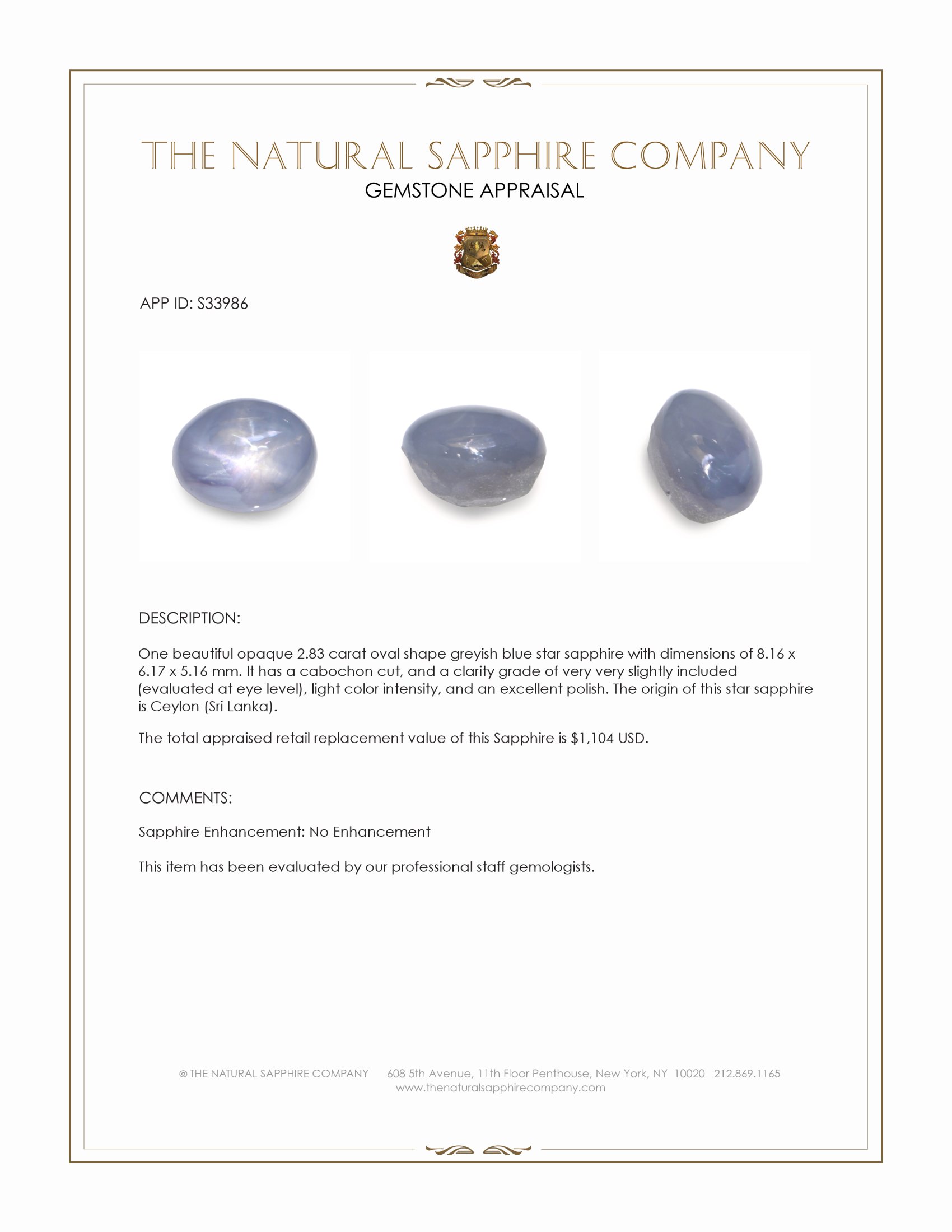 2.83 Ct. Greyish Blue Star Sapphire from Ceylon (Sri Lanka)