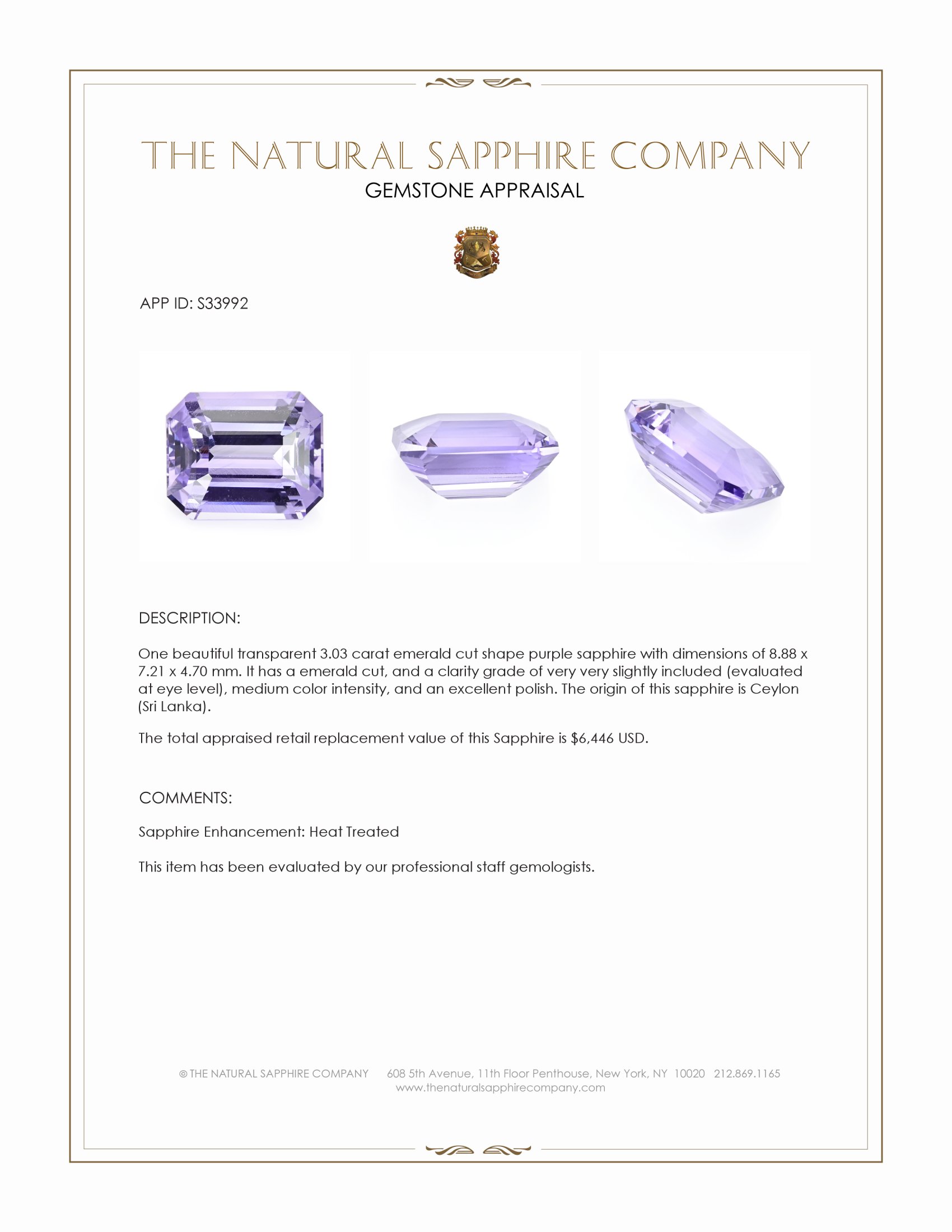 3.03 Ct. Purple Sapphire from Ceylon (Sri Lanka)