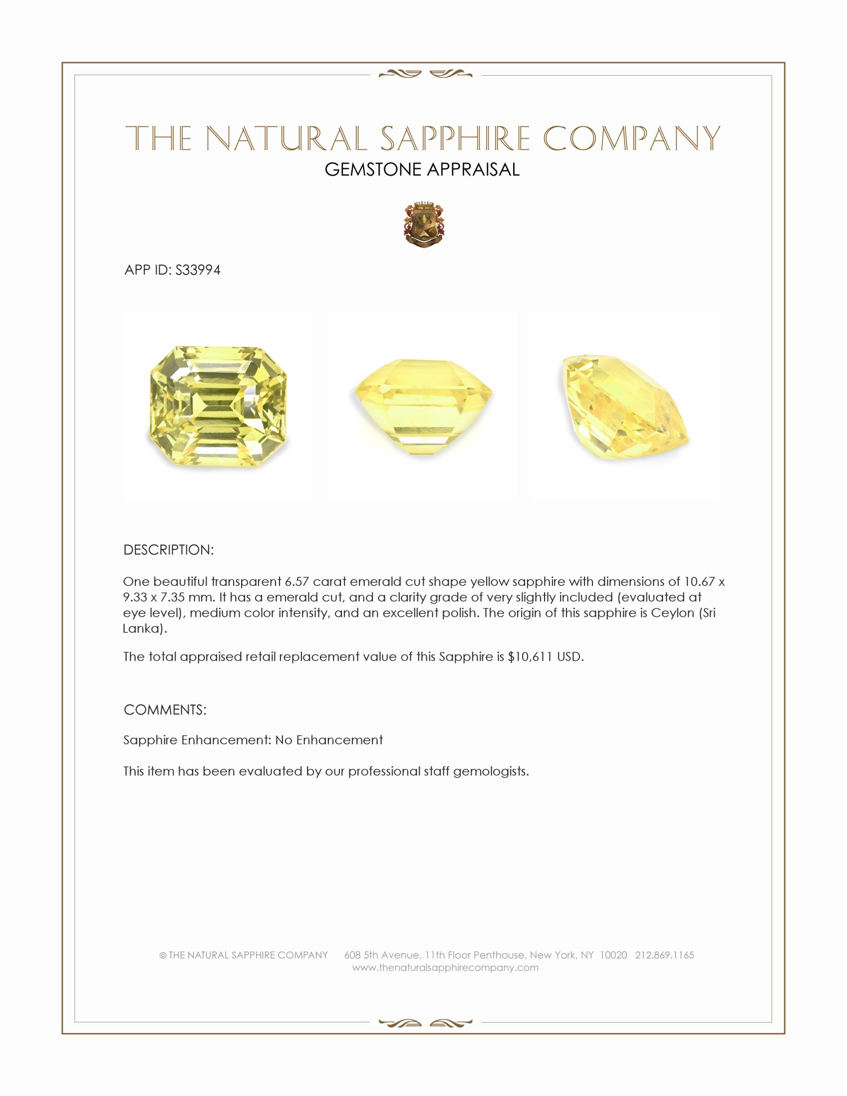 6.57 Ct. Yellow Sapphire from Ceylon (Sri Lanka)