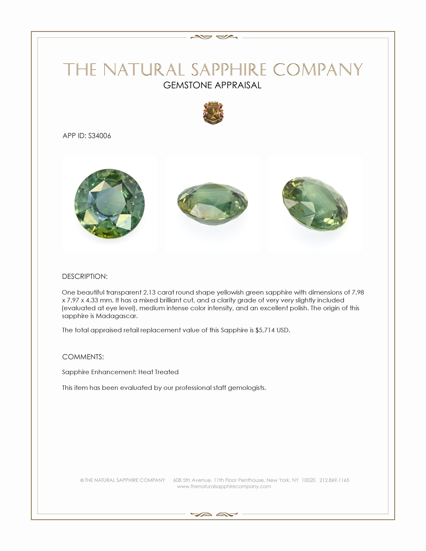 2.13 Ct. Yellowish Green Sapphire from Madagascar