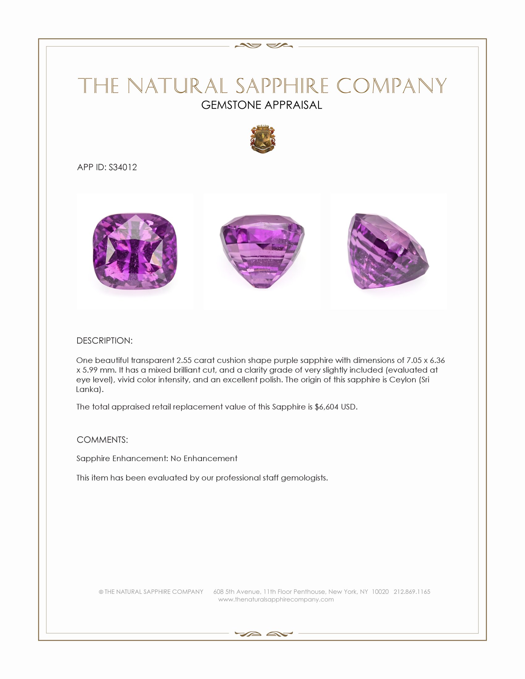 2.55 Ct. Purple Sapphire from Ceylon (Sri Lanka)