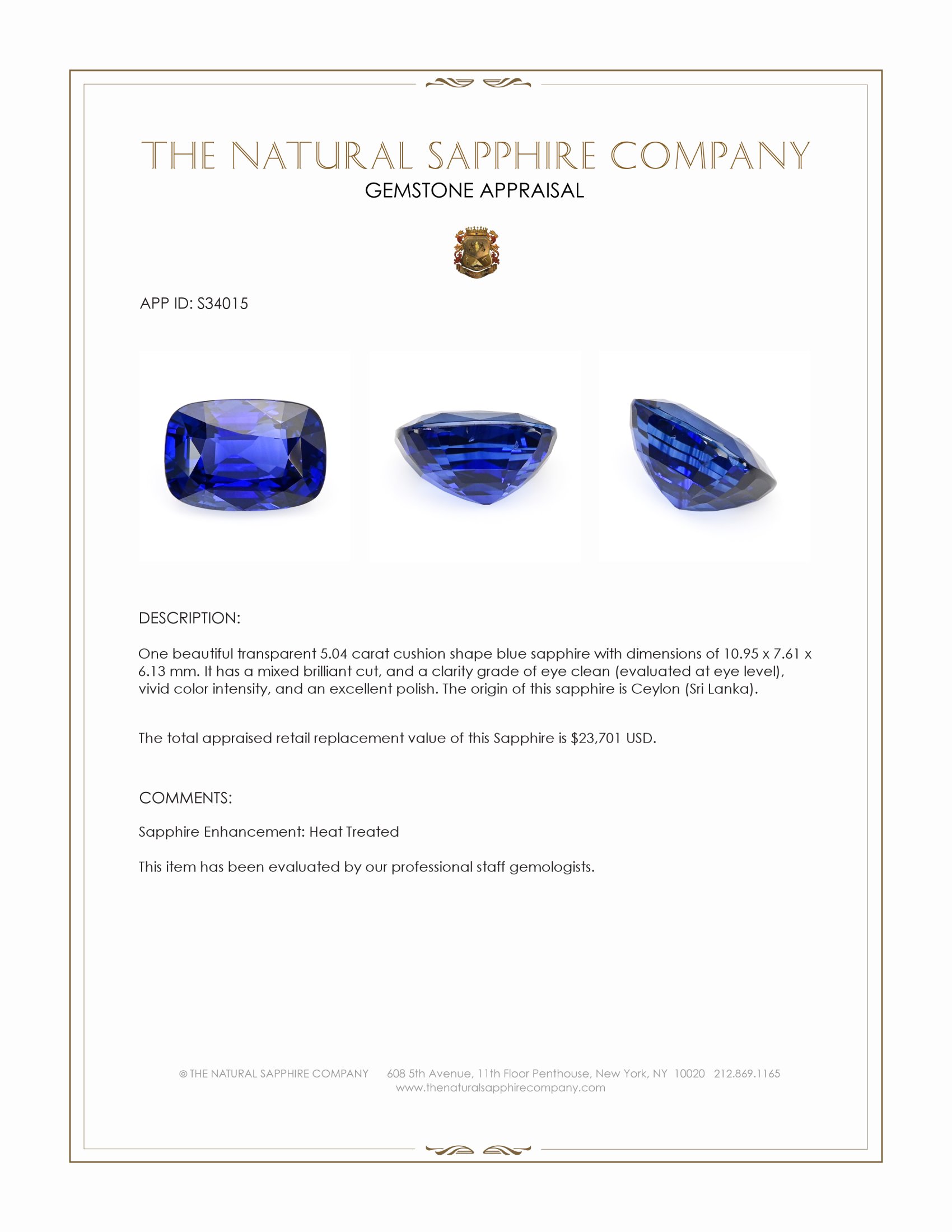 5.04 Ct. Blue Sapphire from Ceylon (Sri Lanka)