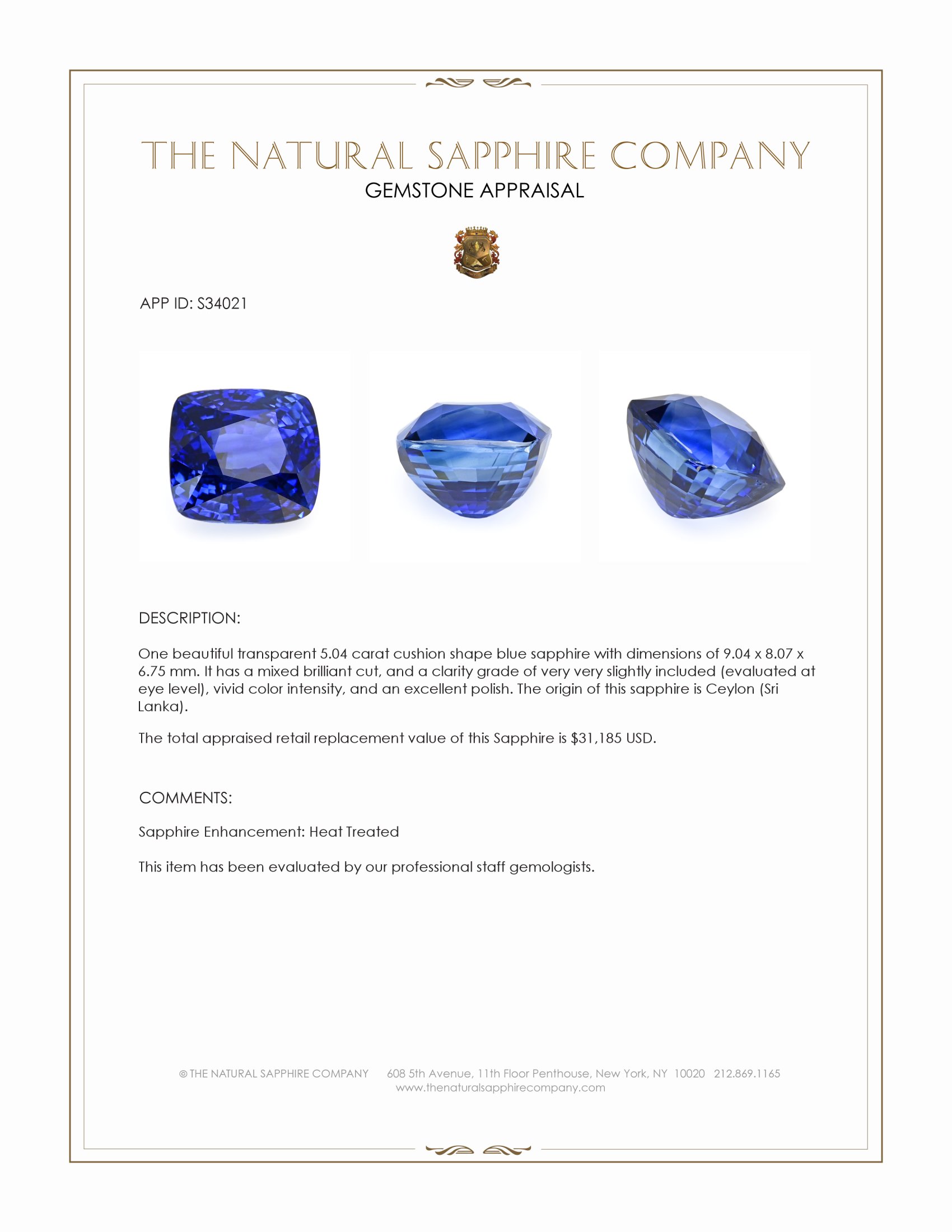 5.04 Ct. Blue Sapphire from Ceylon (Sri Lanka)