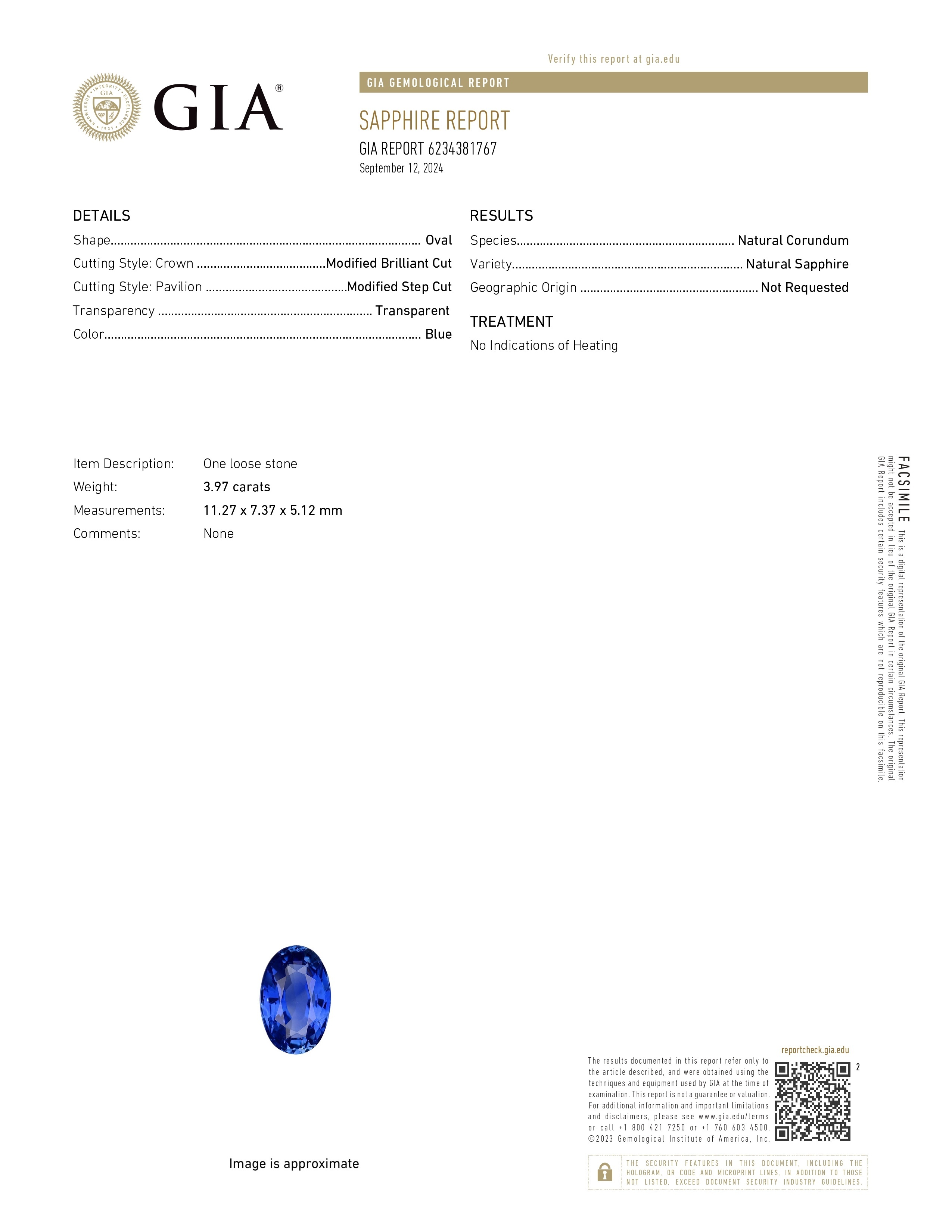 3.97 Ct. Blue Sapphire from Ceylon (Sri Lanka)