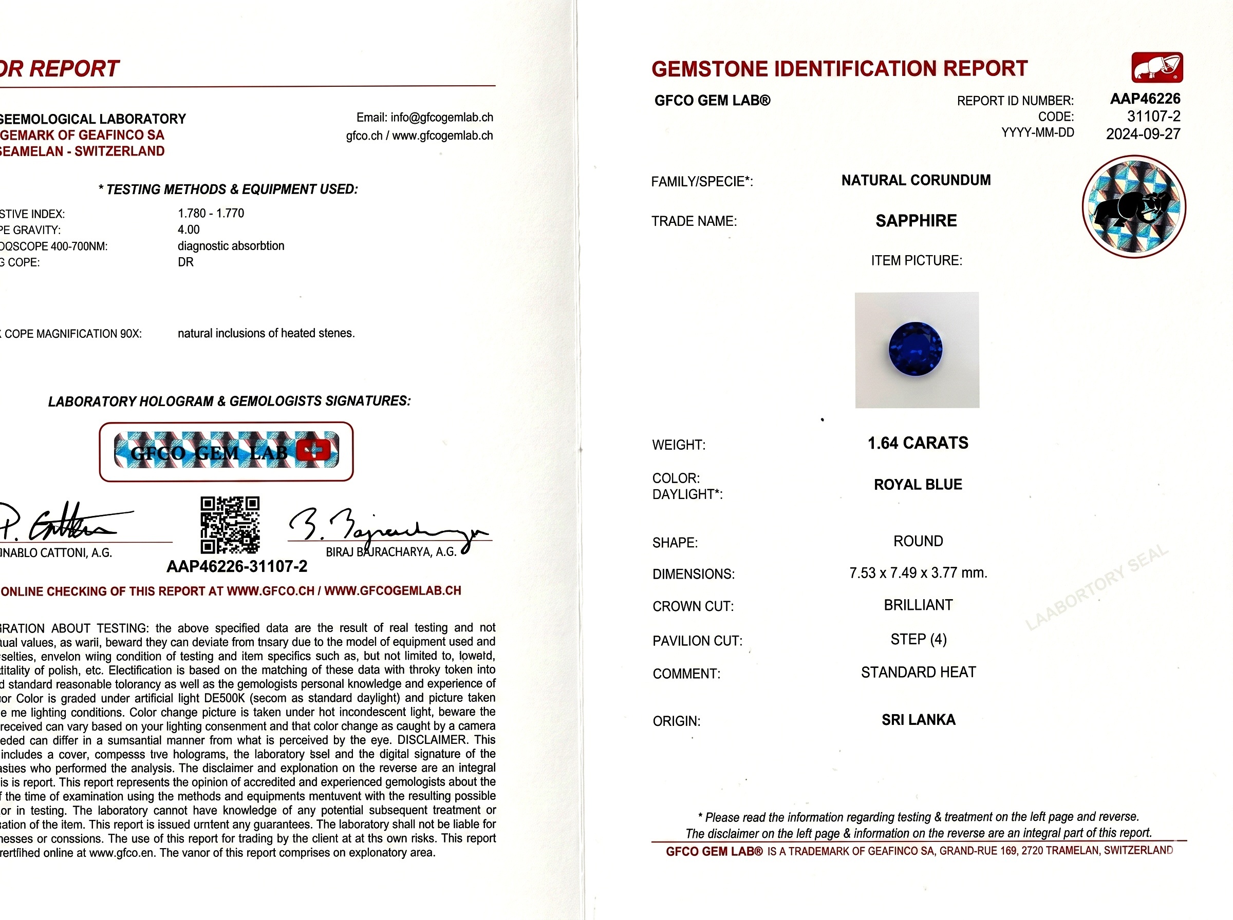 1.64 Ct. Blue Sapphire from Ceylon (Sri Lanka)