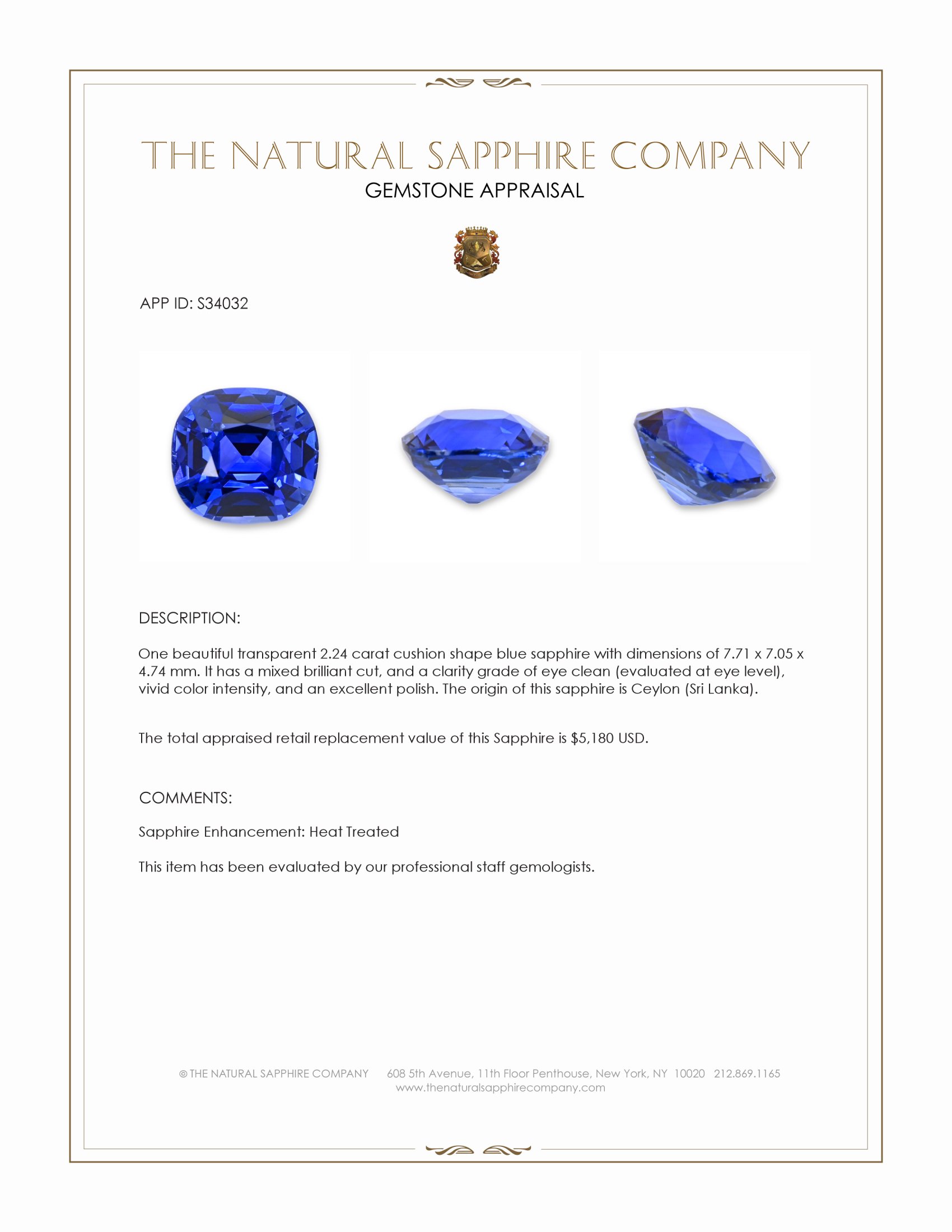 2.24 Ct. Blue Sapphire from Ceylon (Sri Lanka)