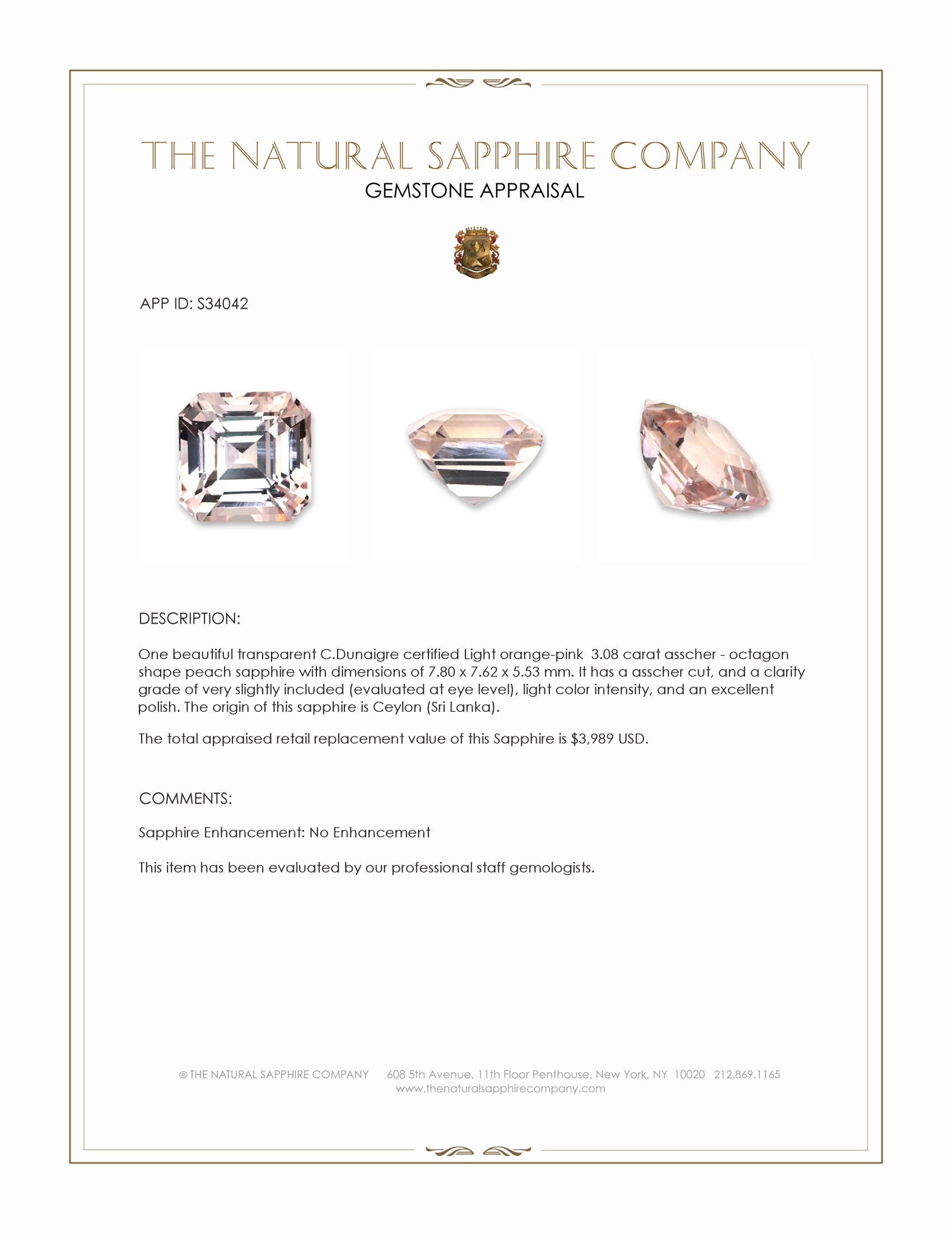 3.08 Ct. Peach Sapphire from Ceylon (Sri Lanka)