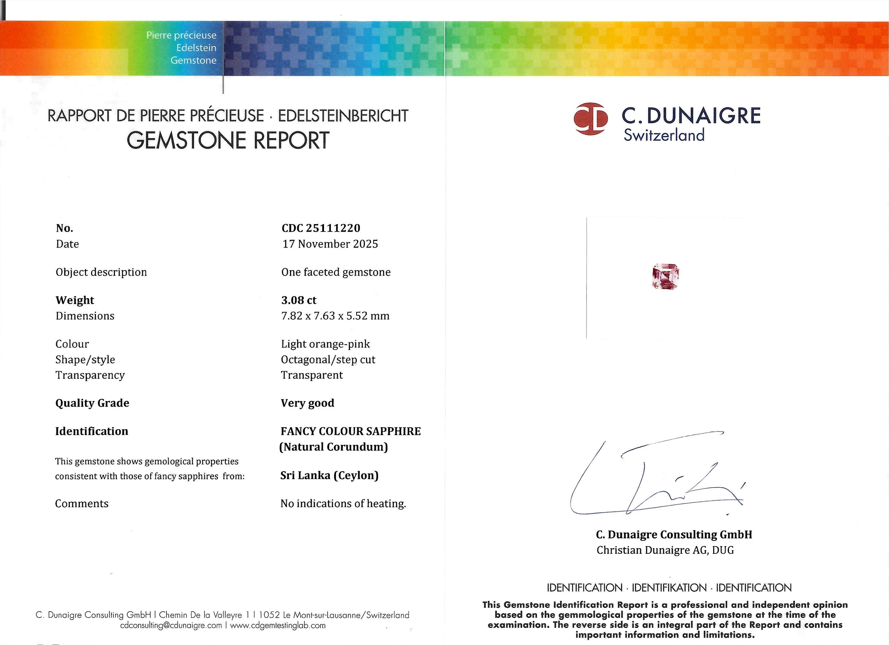 3.08 Ct. Peach Sapphire from Ceylon (Sri Lanka)