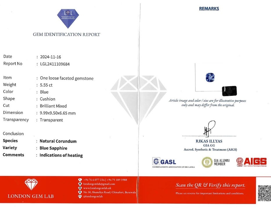 5.55 Ct. Blue Sapphire from Ceylon (Sri Lanka)