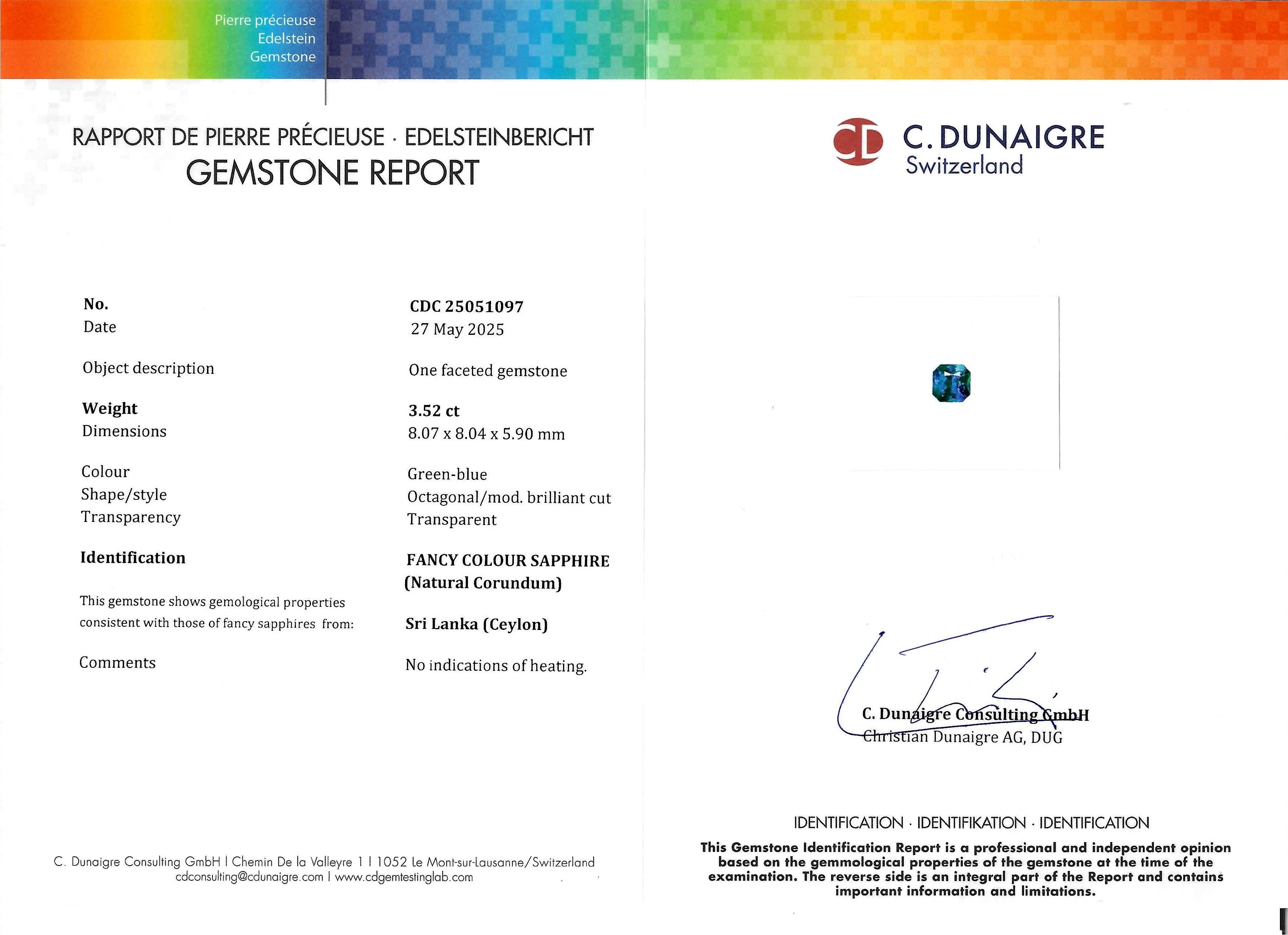 3.52 Ct. Greenish Blue Sapphire from Ceylon (Sri Lanka)