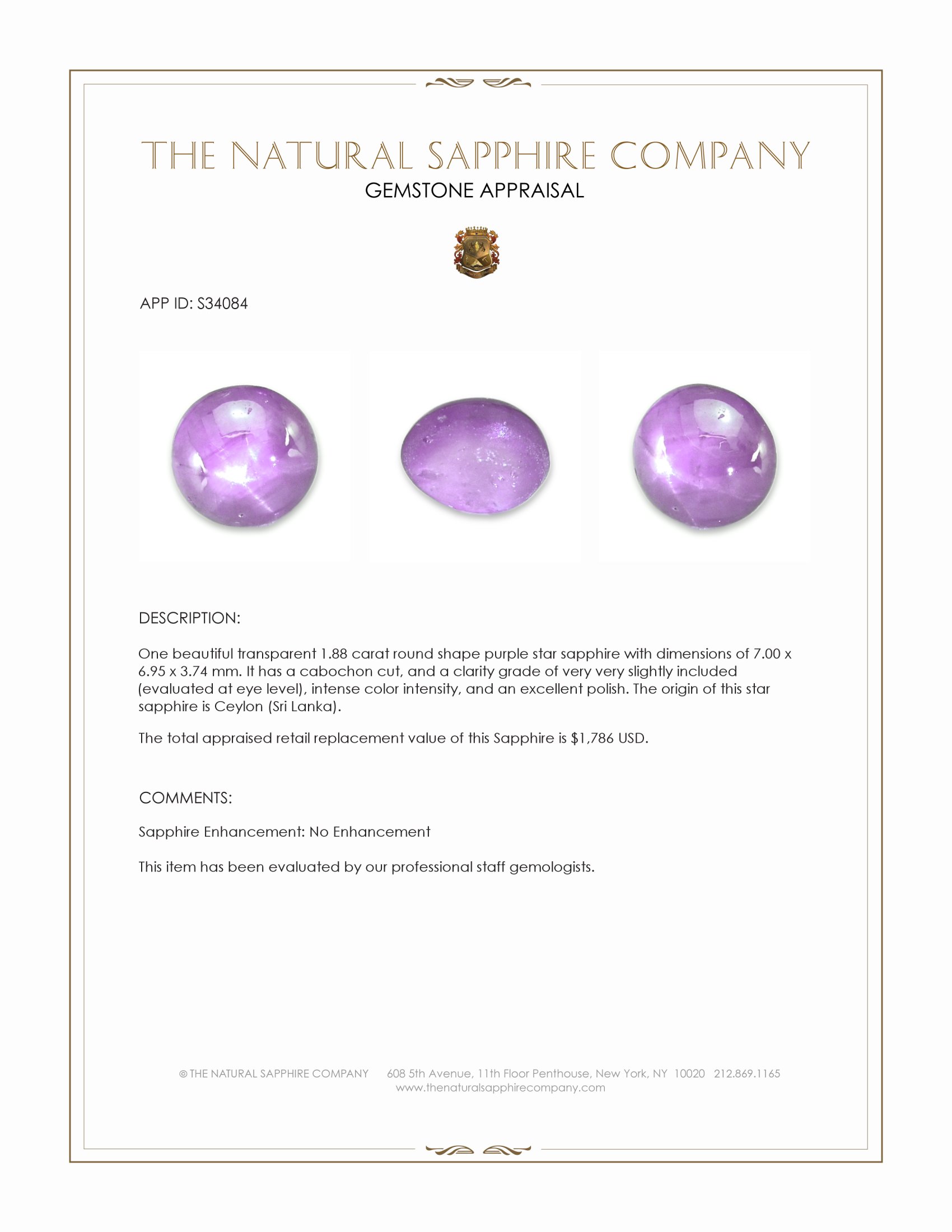 1.88 Ct. Purple Star Sapphire from Ceylon (Sri Lanka)