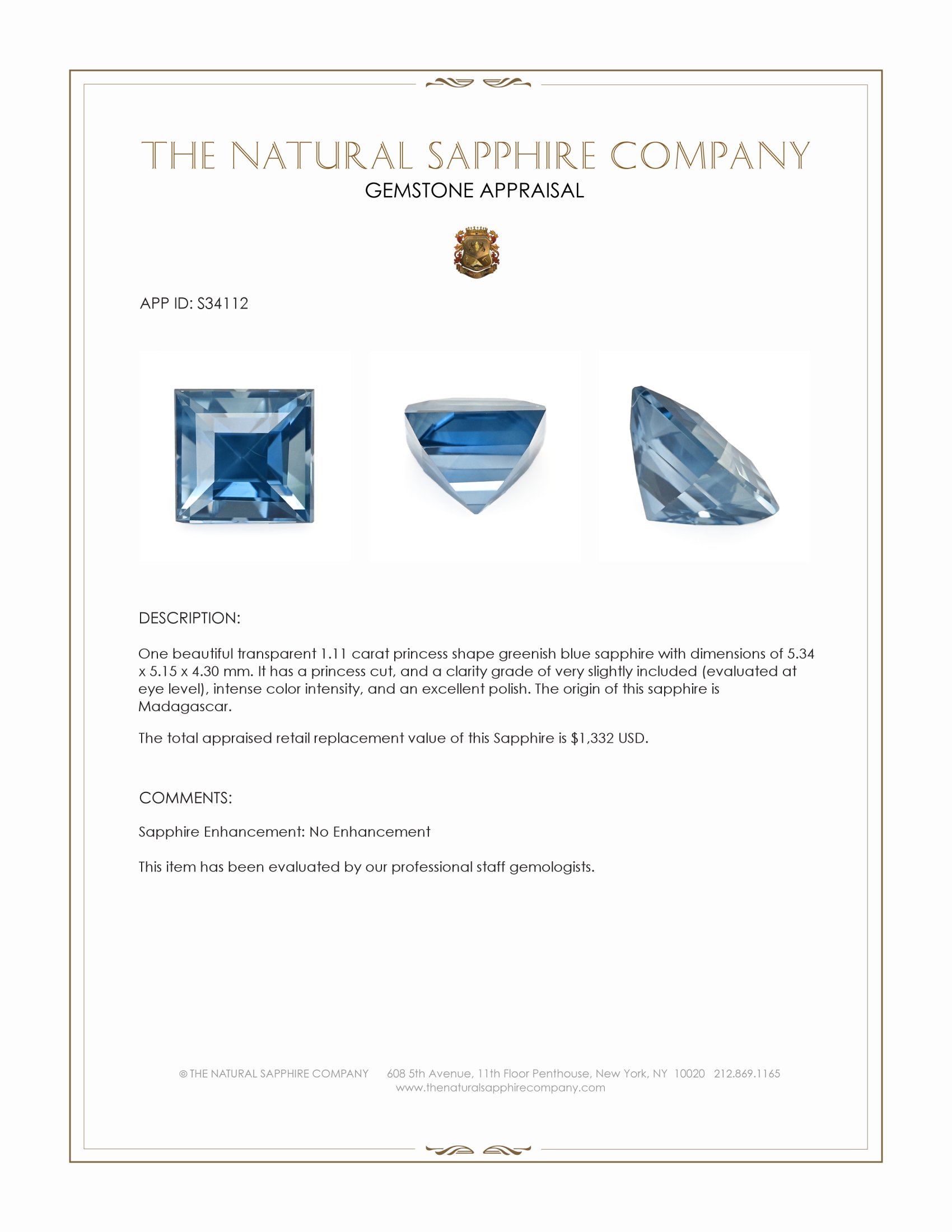 1.11 Ct. Greenish Blue Sapphire from Madagascar