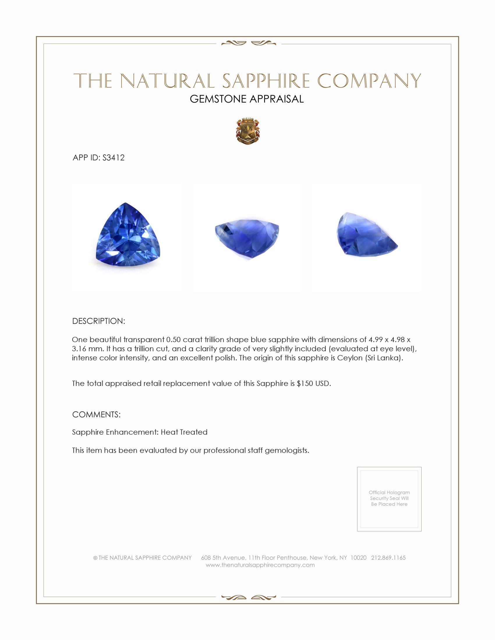 0.50 Ct. Blue Sapphire from Ceylon (Sri Lanka)
