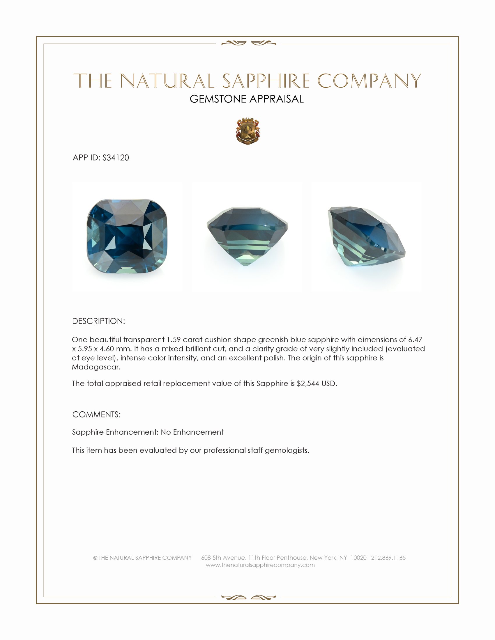 1.59 Ct. Greenish Blue Sapphire from Madagascar