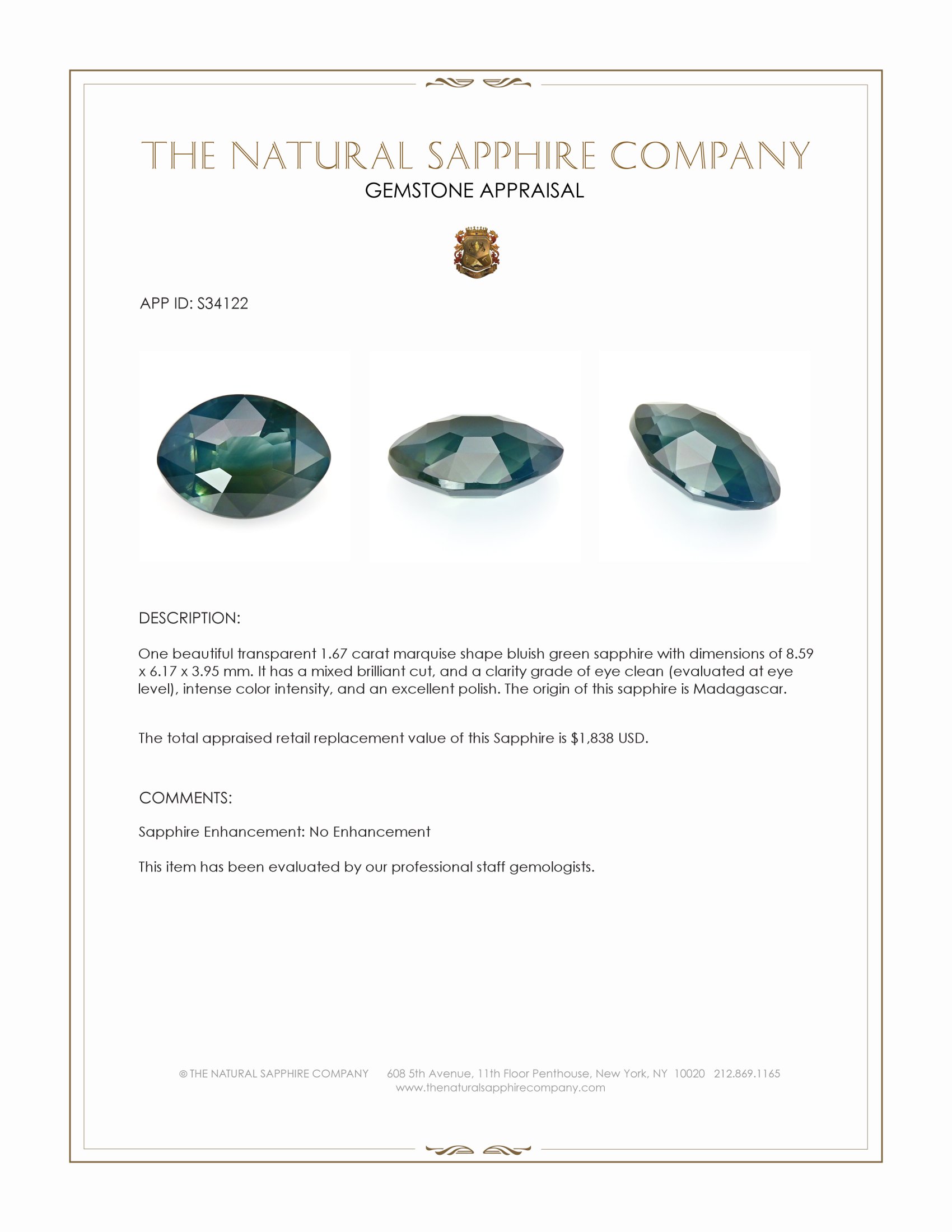 1.67 Ct. Bluish Green Sapphire from Madagascar