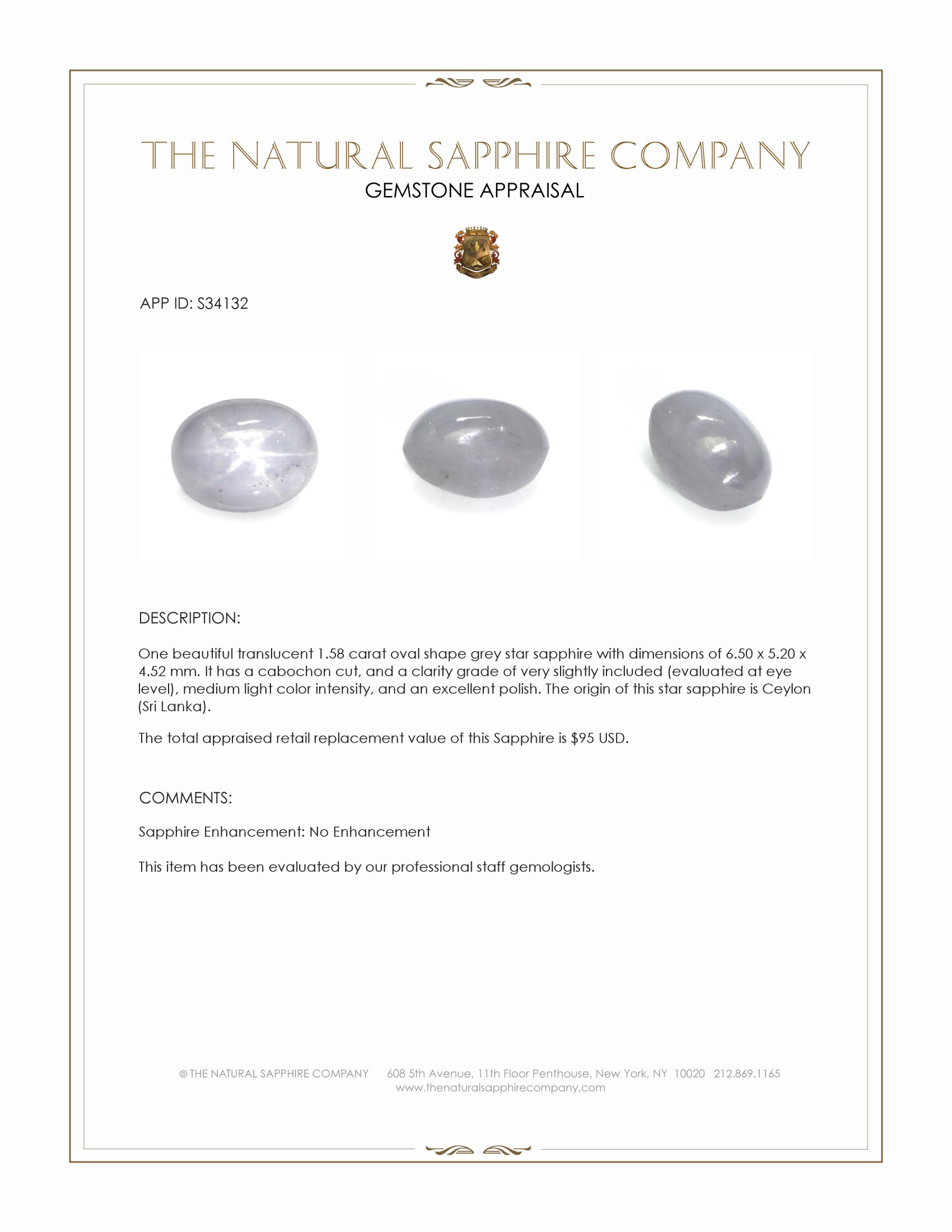 1.58 Ct. Grey Star Sapphire from Ceylon (Sri Lanka)