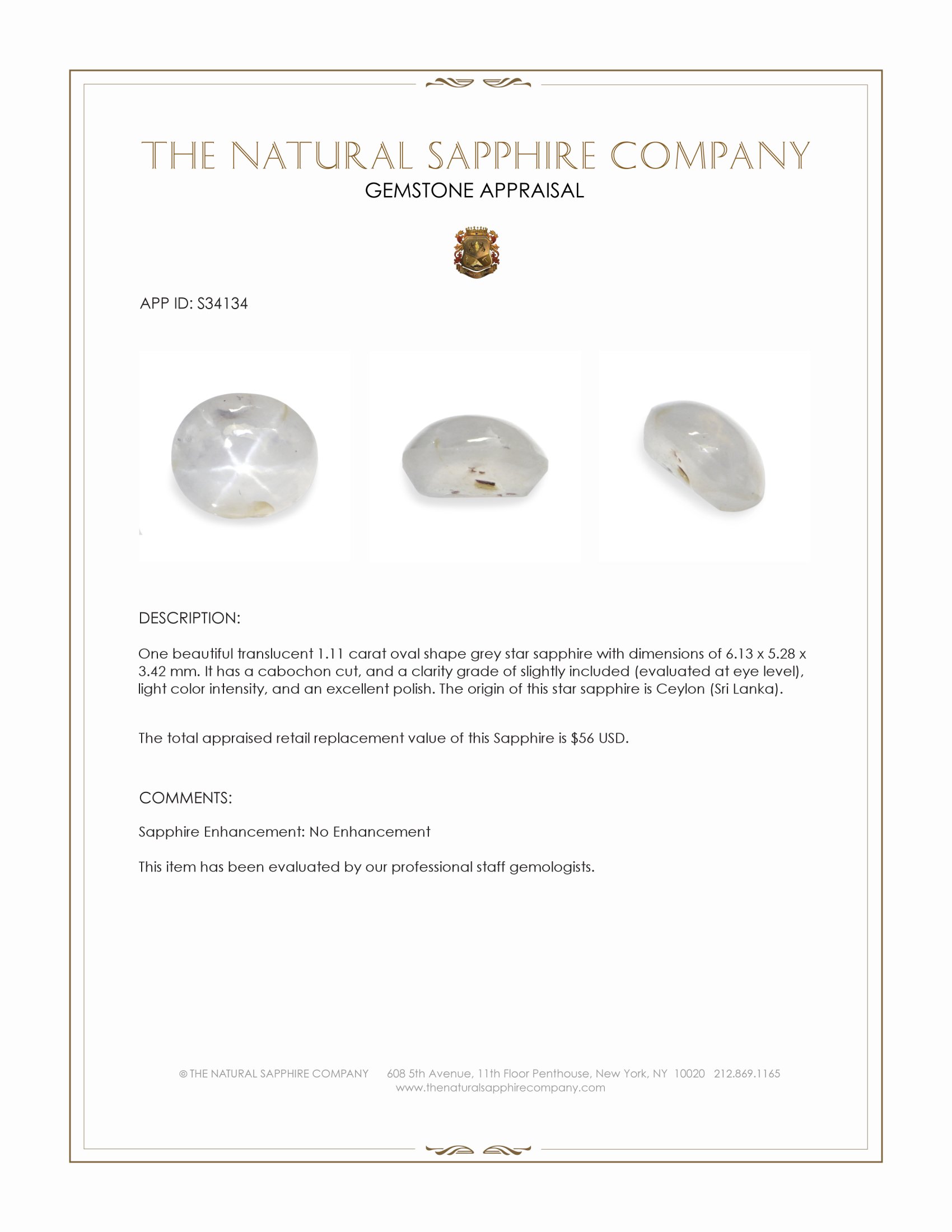 1.11 Ct. Grey Star Sapphire from Ceylon (Sri Lanka)