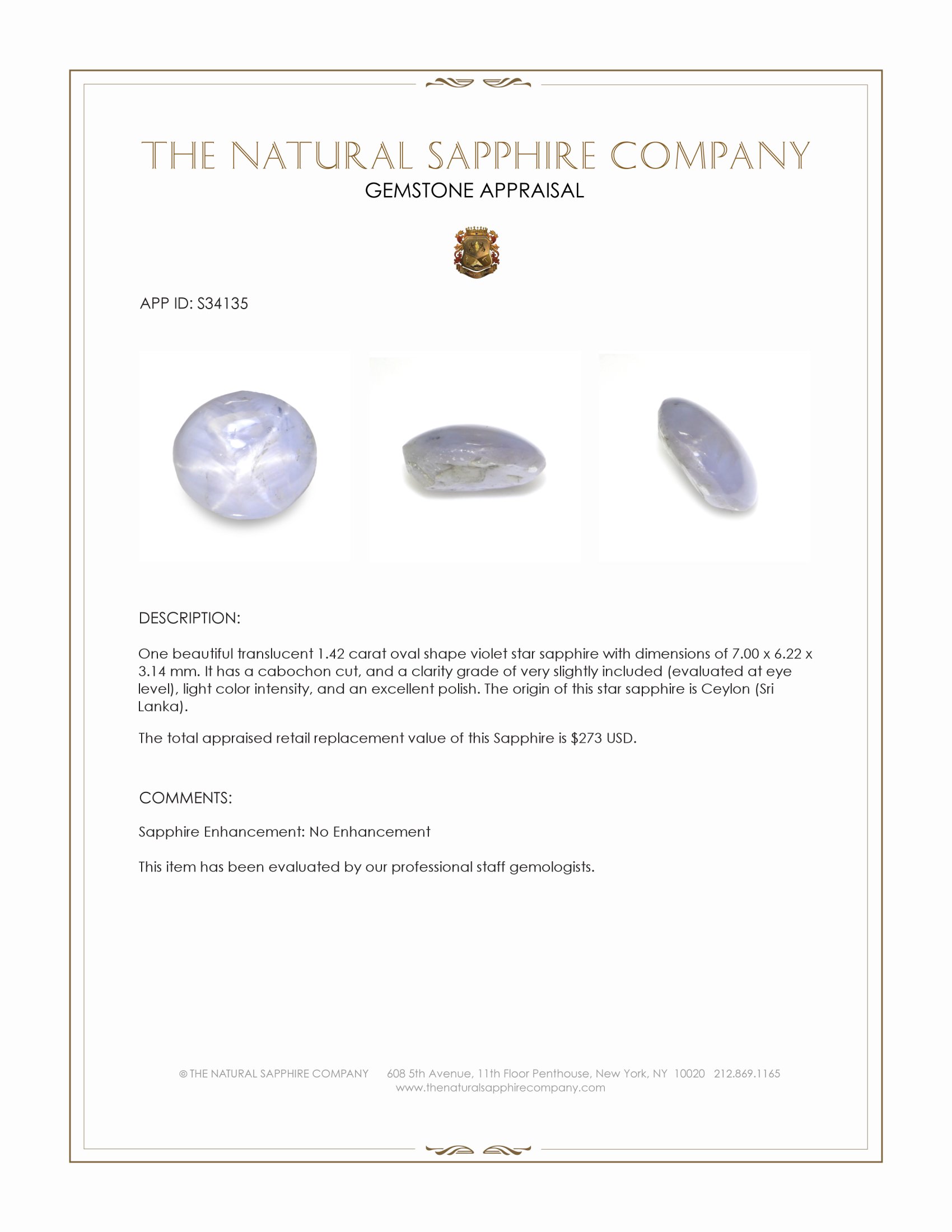 1.42 Ct. Violet Star Sapphire from Ceylon (Sri Lanka)