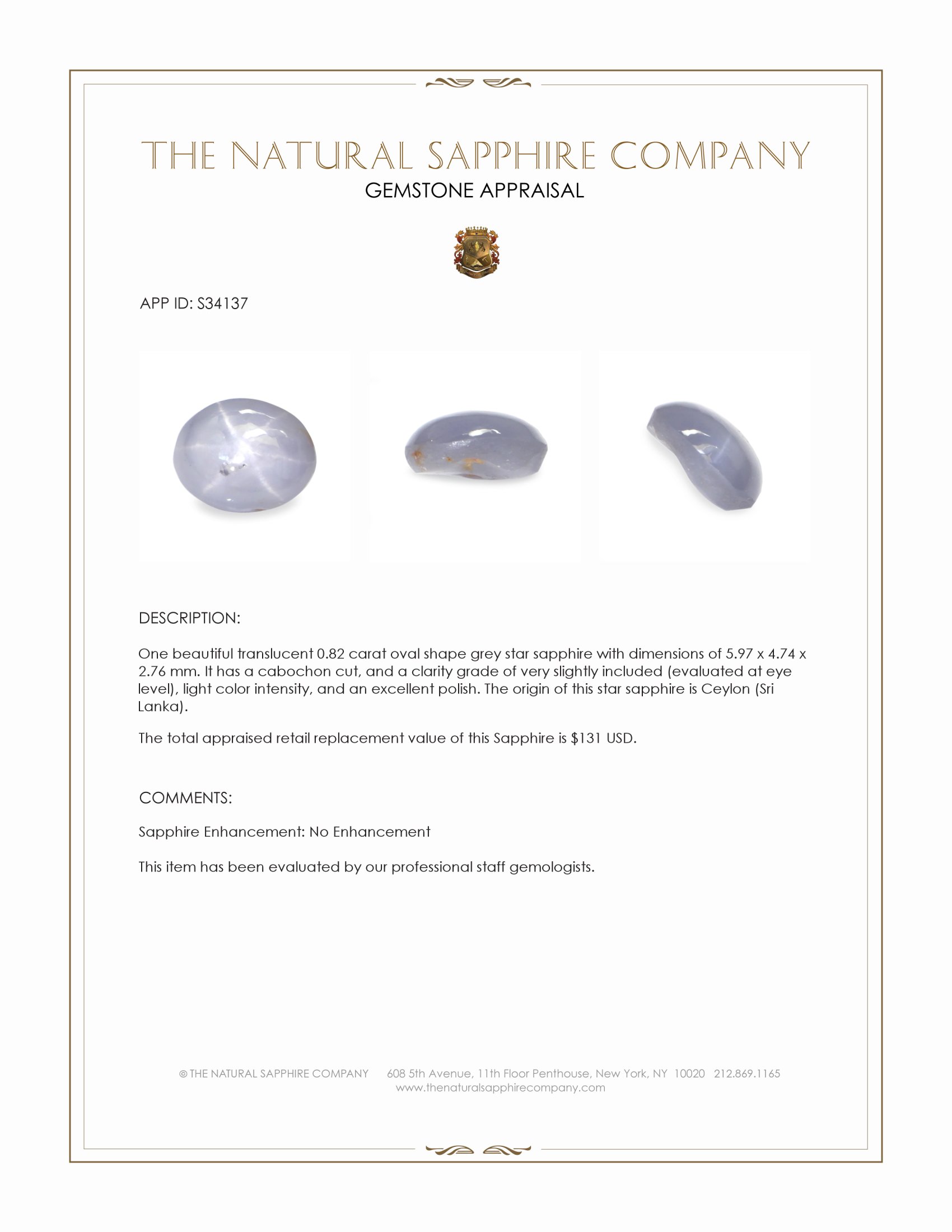 0.82 Ct. Grey Star Sapphire from Ceylon (Sri Lanka)