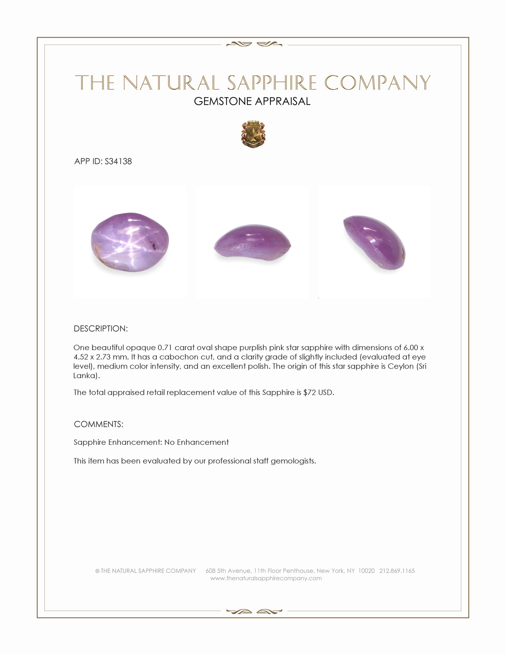 0.71 Ct. Purplish Pink Star Sapphire from Ceylon (Sri Lanka)