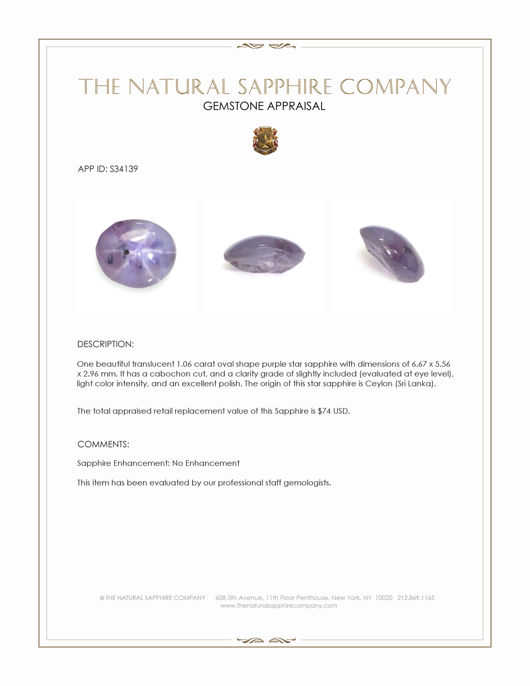 1.06 Ct. Purple Star Sapphire from Ceylon (Sri Lanka)