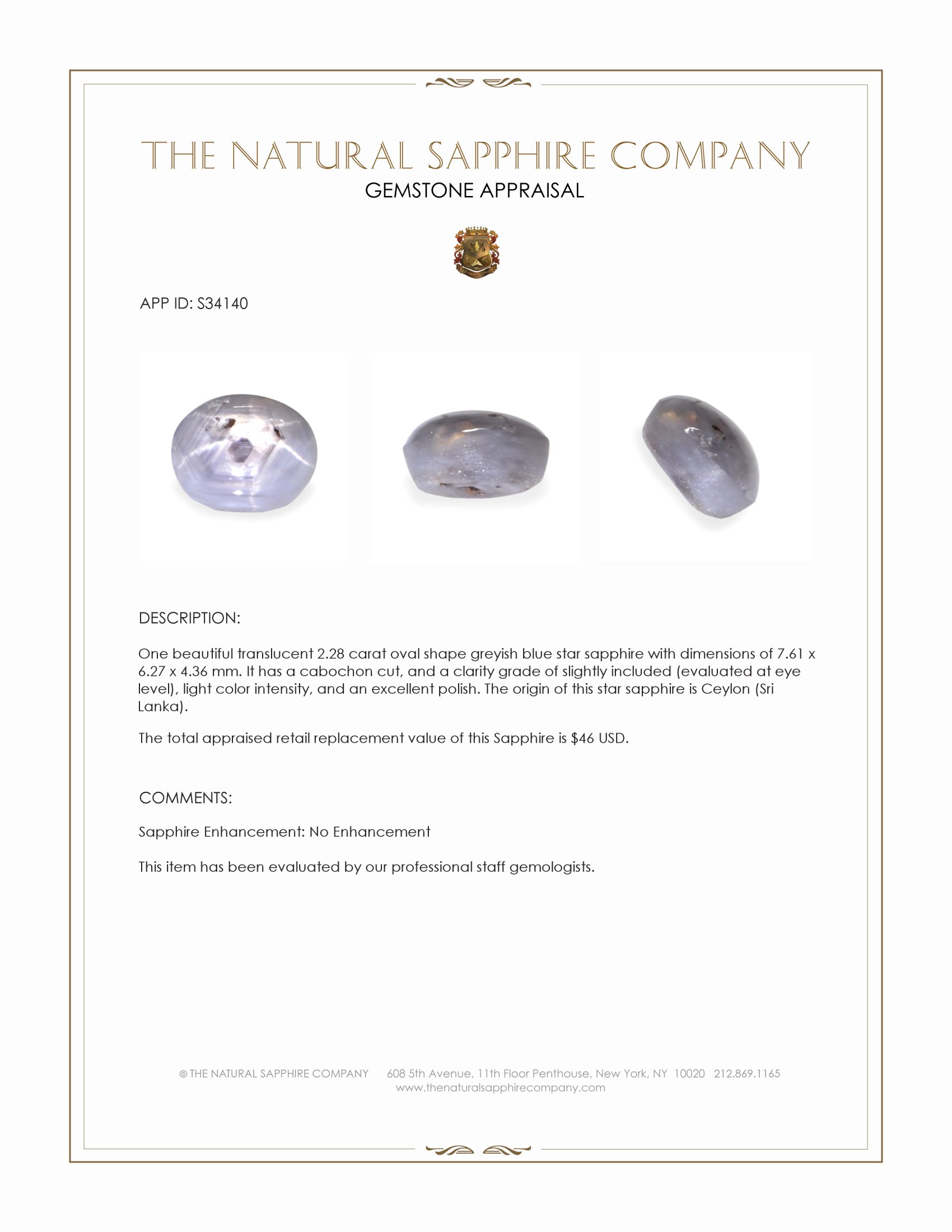 2.28 Ct. Greyish Blue Star Sapphire from Ceylon (Sri Lanka)