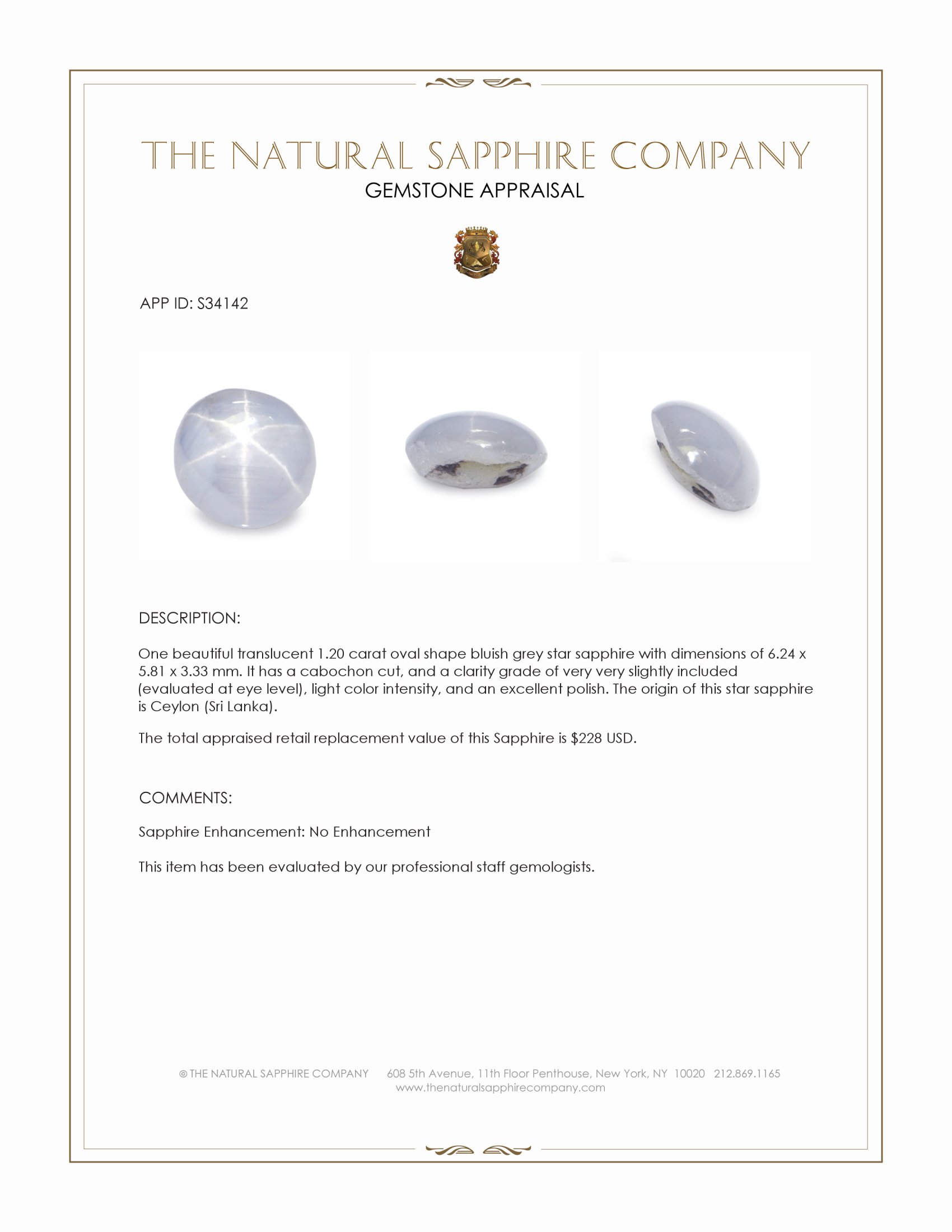 1.20 Ct. Bluish Grey Star Sapphire from Ceylon (Sri Lanka)