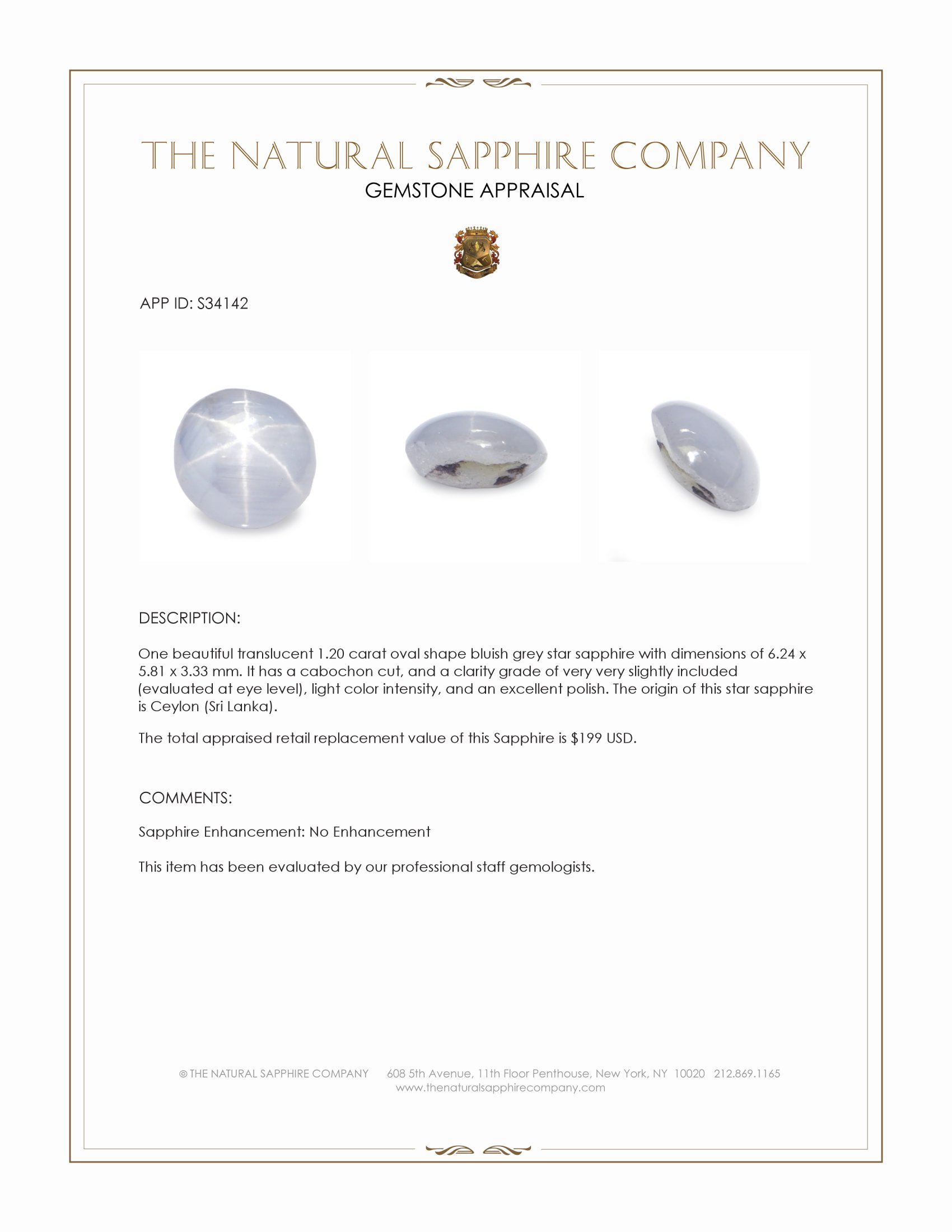 1.20 Ct. Bluish Grey Star Sapphire from Ceylon (Sri Lanka)