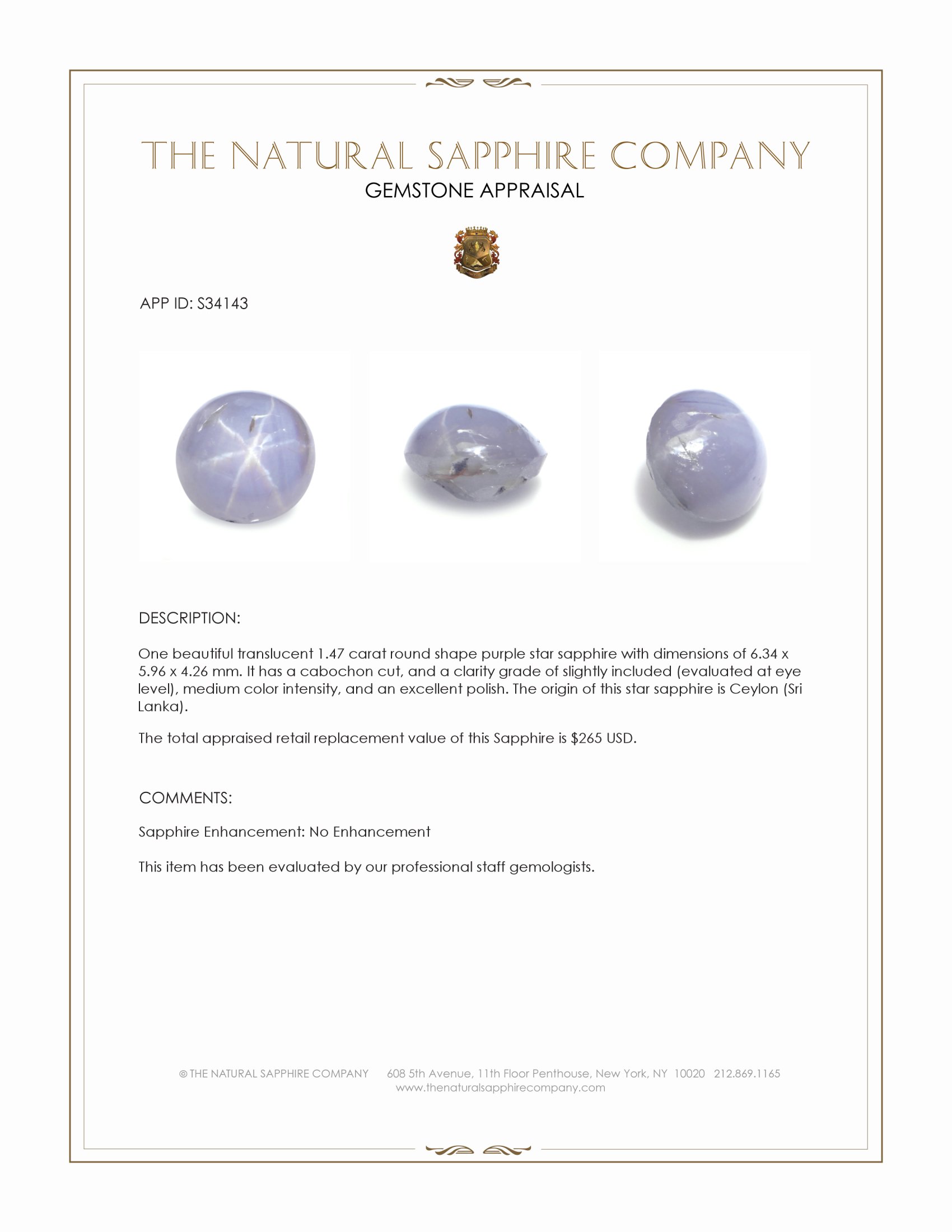 1.47 Ct. Purple Star Sapphire from Ceylon (Sri Lanka)