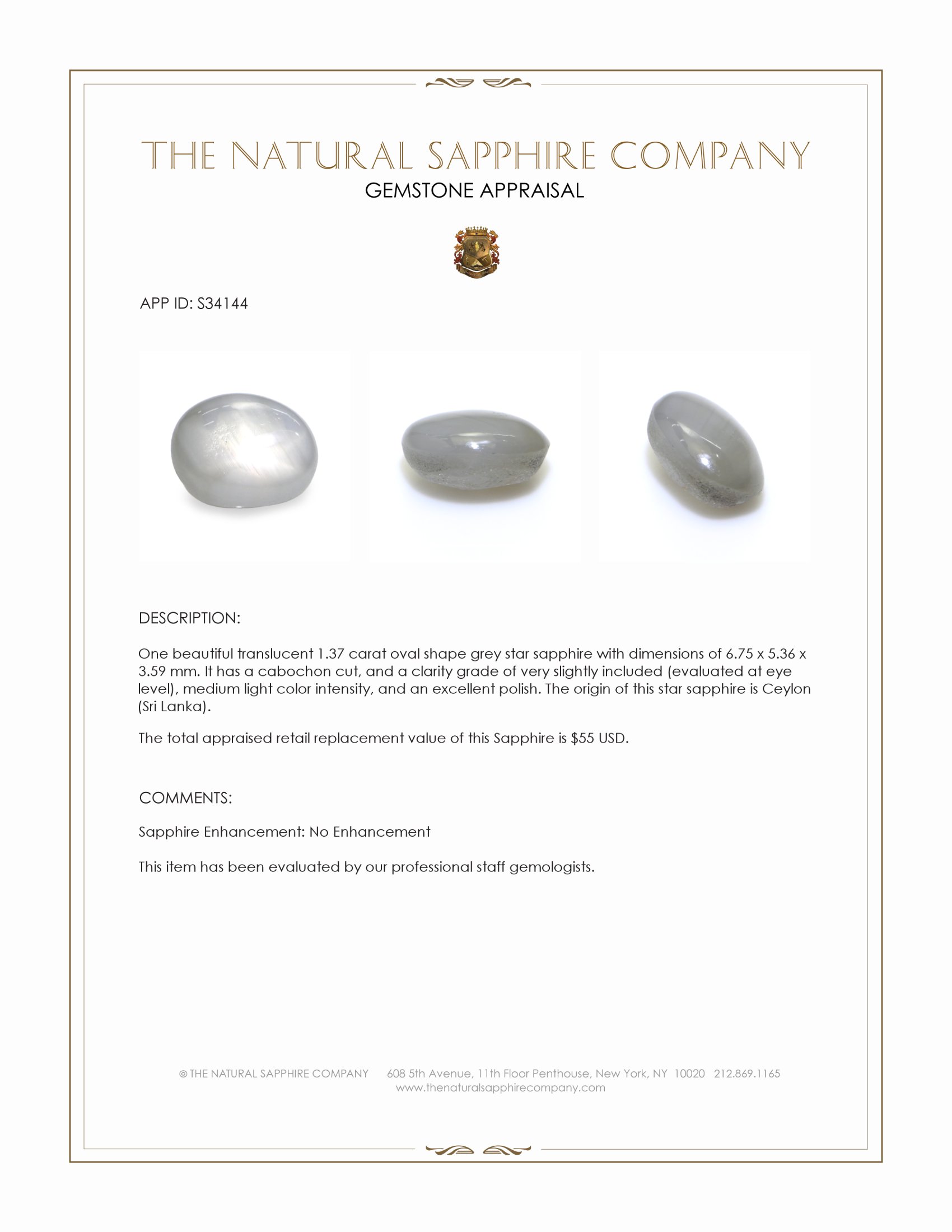 1.37 Ct. Grey Star Sapphire from Ceylon (Sri Lanka)