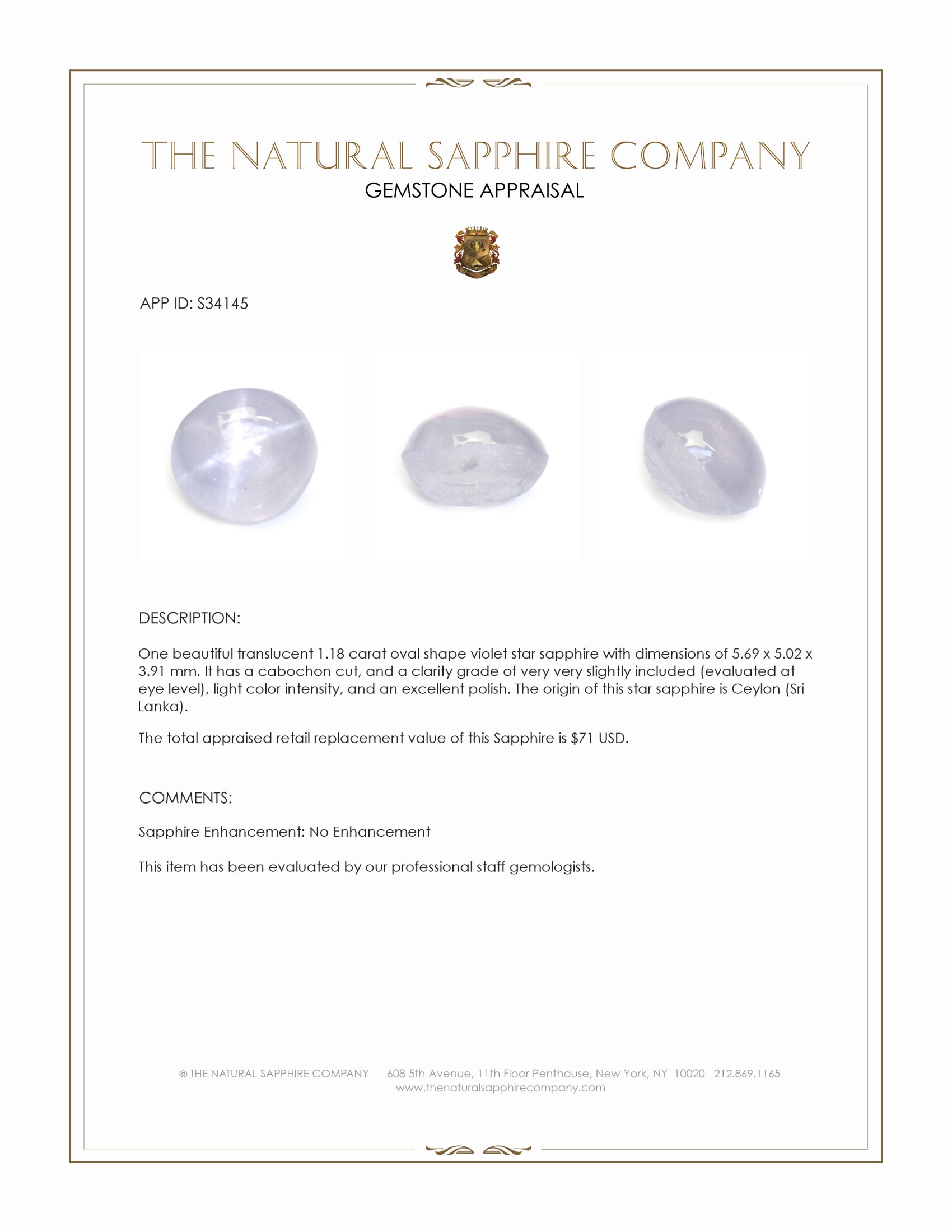1.18 Ct. Violet Star Sapphire from Ceylon (Sri Lanka)
