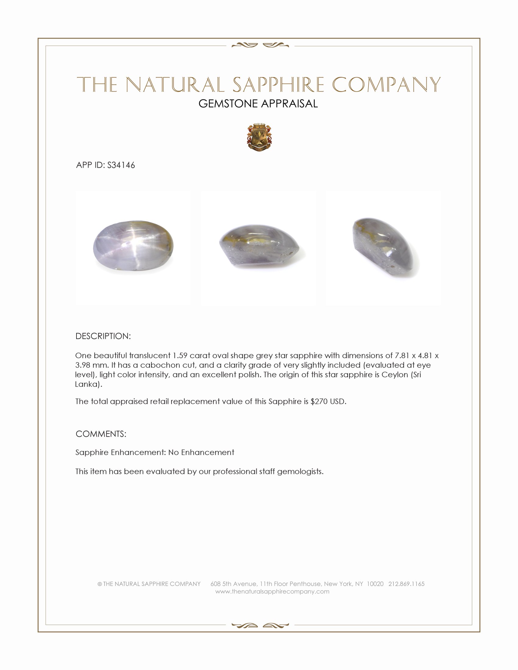 1.59 Ct. Grey Star Sapphire from Ceylon (Sri Lanka)