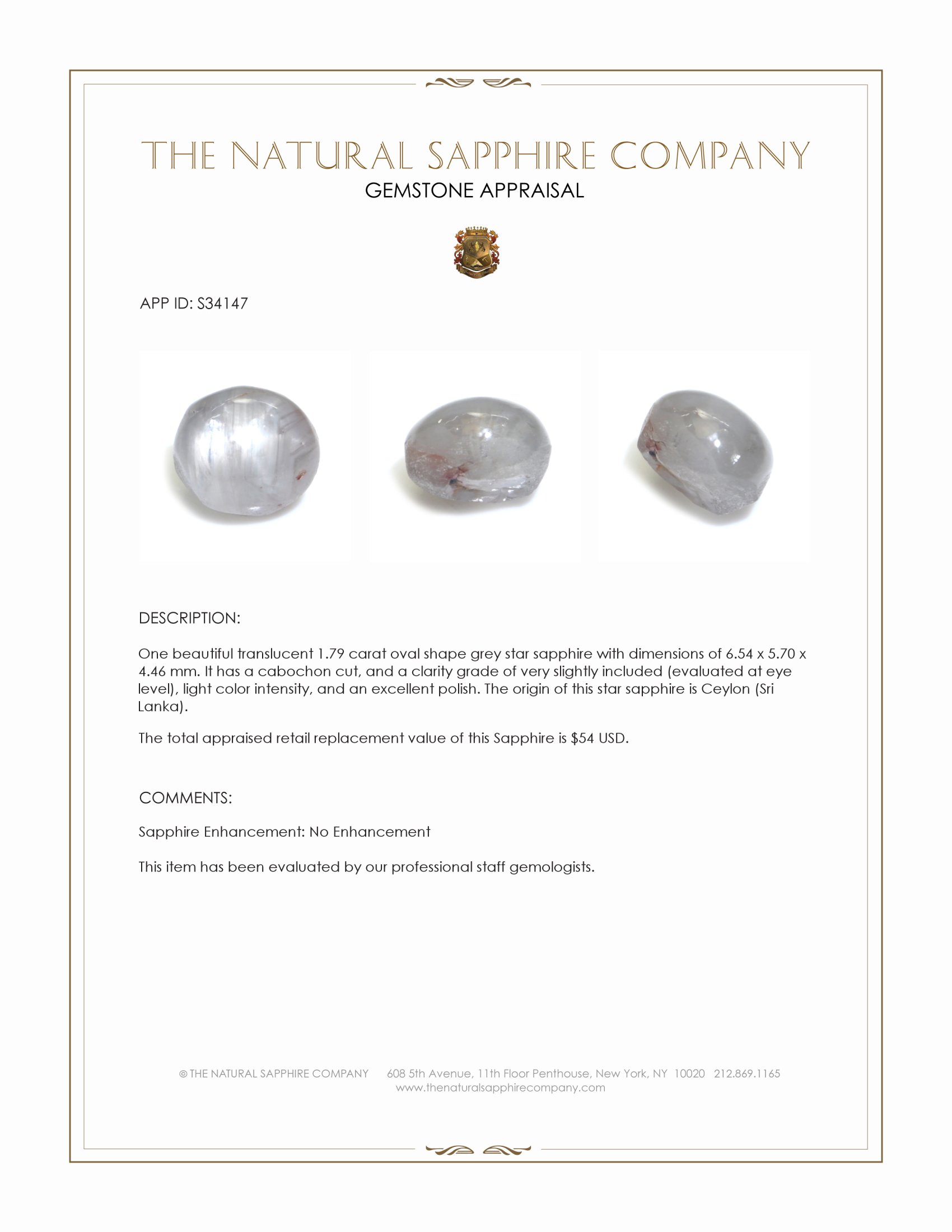 1.79 Ct. Grey Star Sapphire from Ceylon (Sri Lanka)